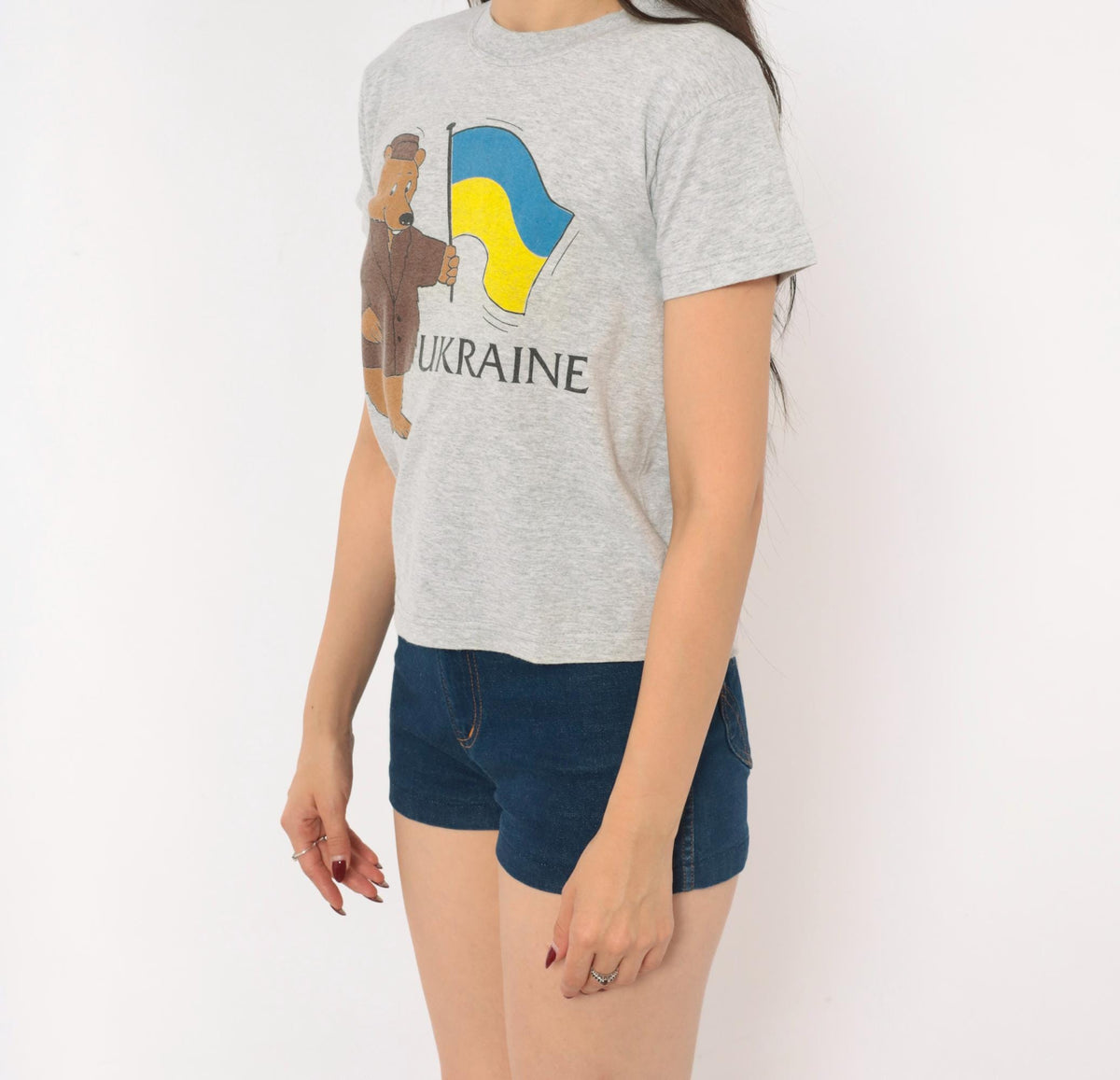80s Screen Stars Ukraine Bear Graphic Baby Tee Grey Heather Extra Small XS