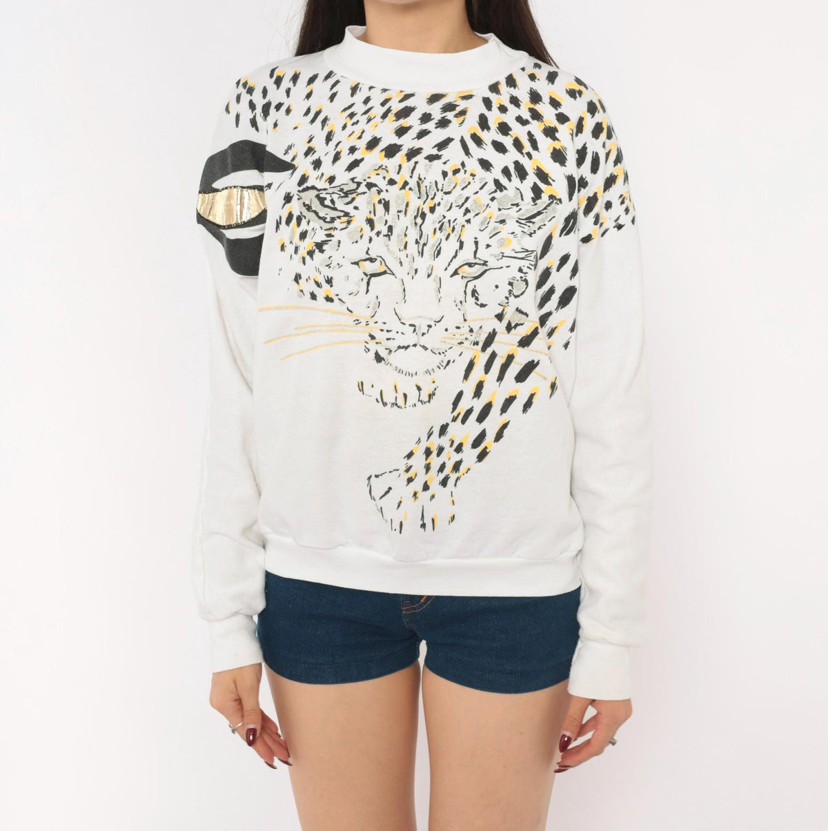 90s Land n Sea Leopard Face Sweatshirt White Gold Metallic Graphic Small