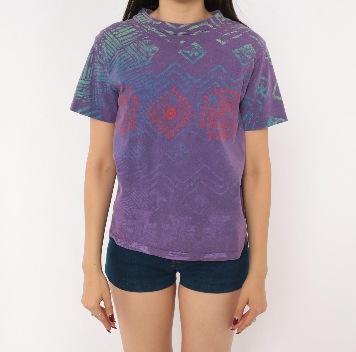 90s Morey Boogie All Over Print Tee Purple Teal Geometric Tribal Cotton XS