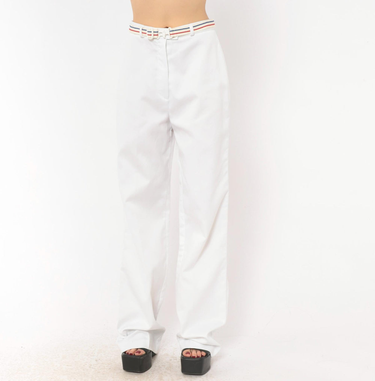 70s MMJ White Wide Leg Trousers Striped Belt High Rise Small S