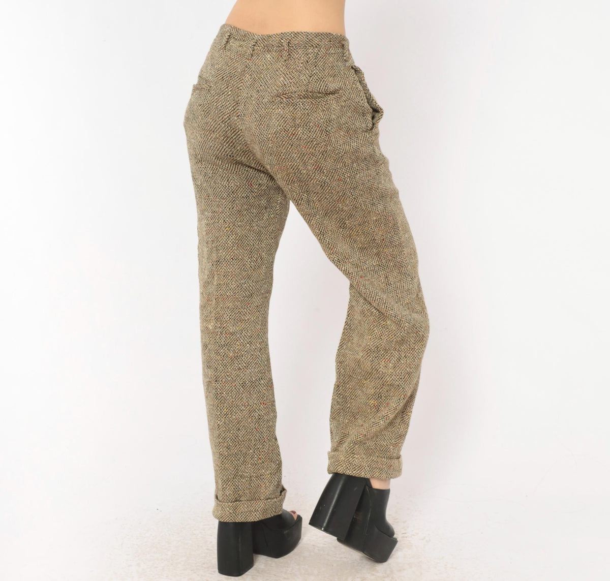 70s Herringbone Tweed Wool Pleated Trousers Tan Cream High Rise Medium