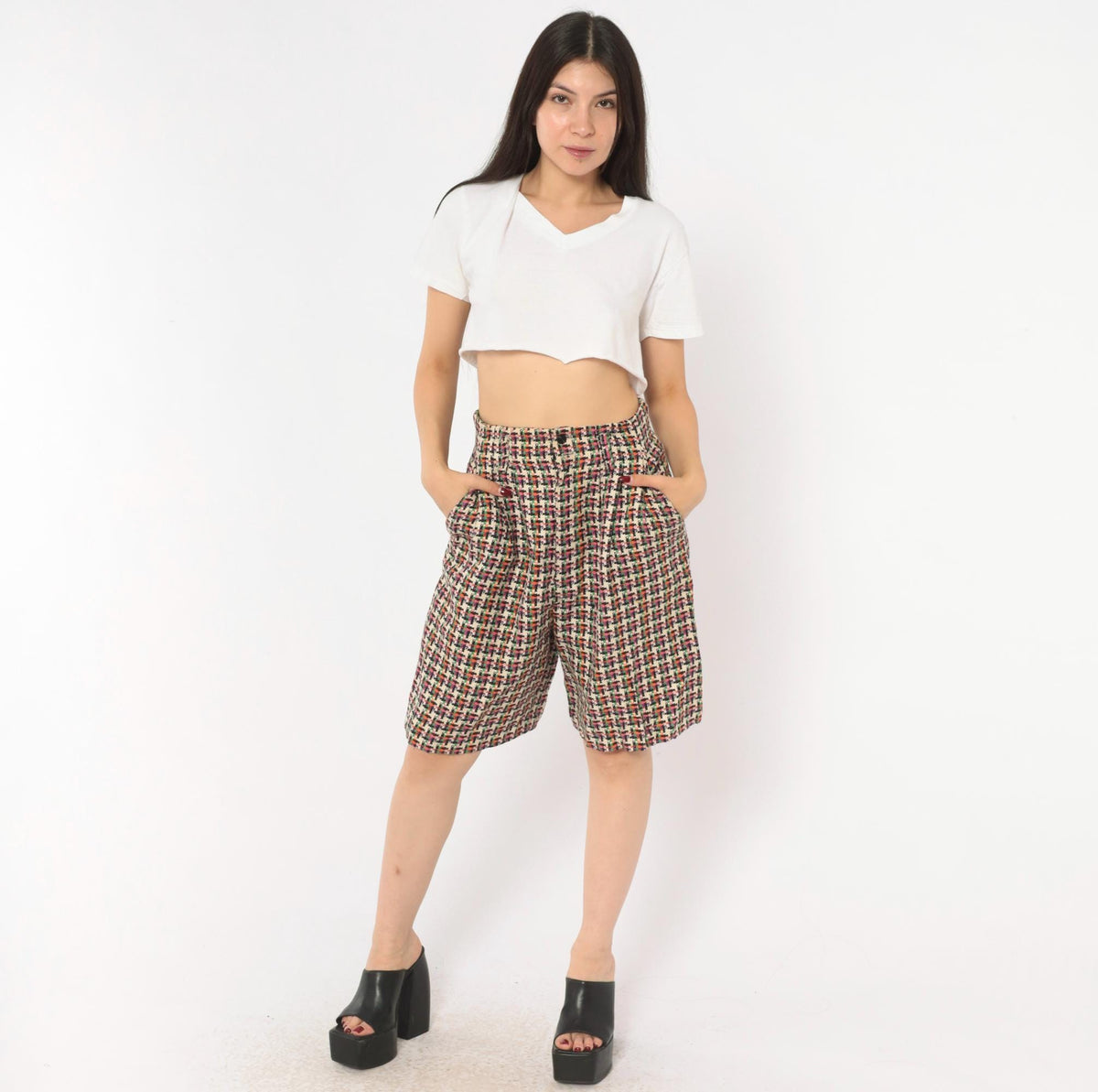 90s For Pete's Sake Houndstooth Pleated Bermuda Shorts Multicolor Linen Small
