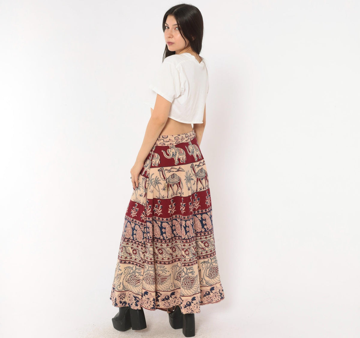 70s Indian Block Print Cotton Wrap Skirt Maxi Burgundy Navy Elephant Peacock Small