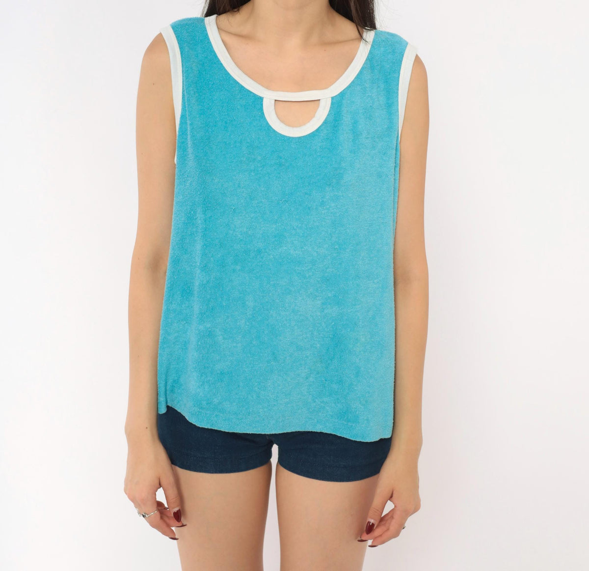 70s Sky Blue Terry Cloth Tank Keyhole Neckline White Trim Medium