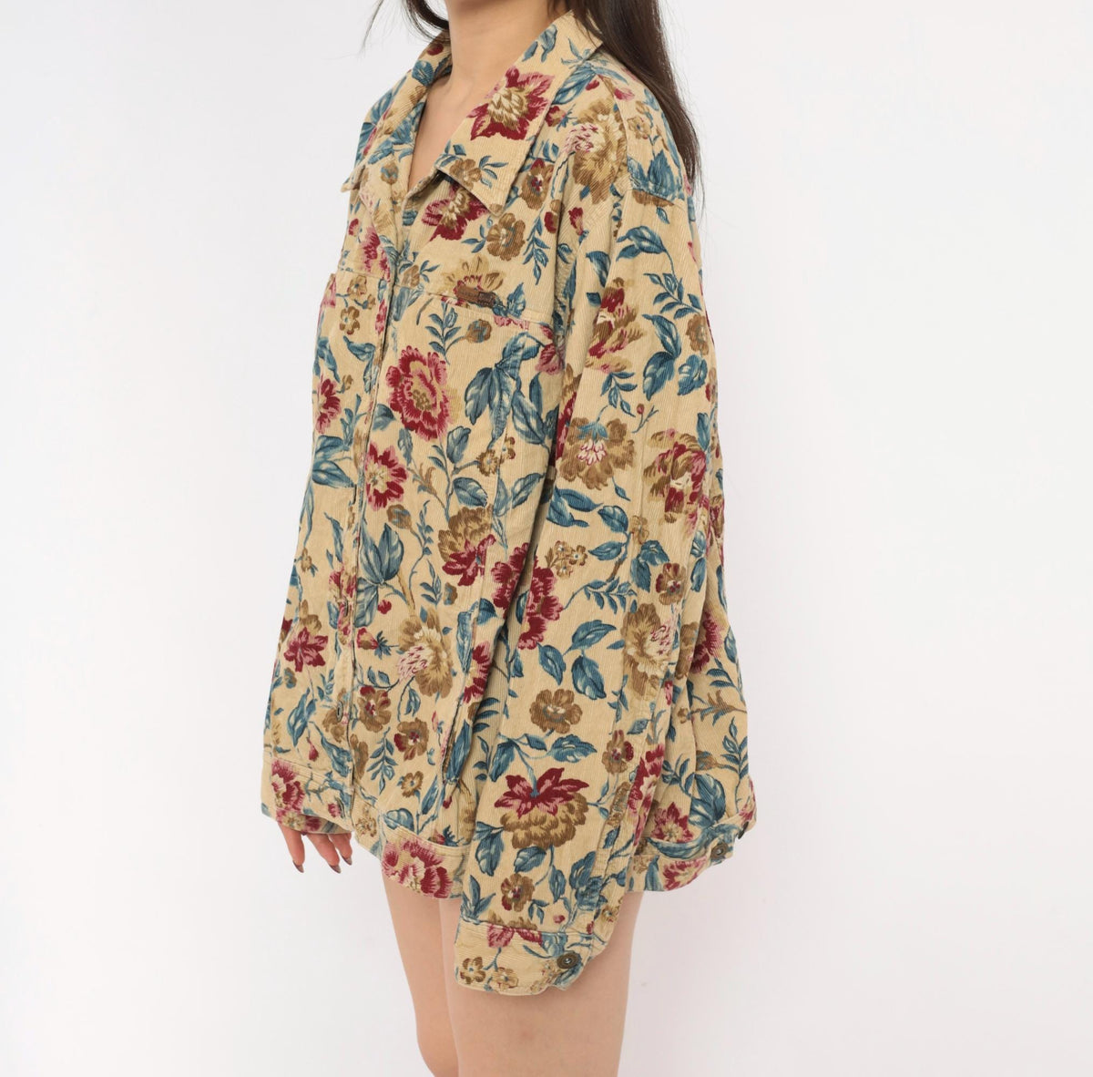 2000s Elisabeth Floral Corduroy Jacket Tan Botanical Button Front Plus Size 3X