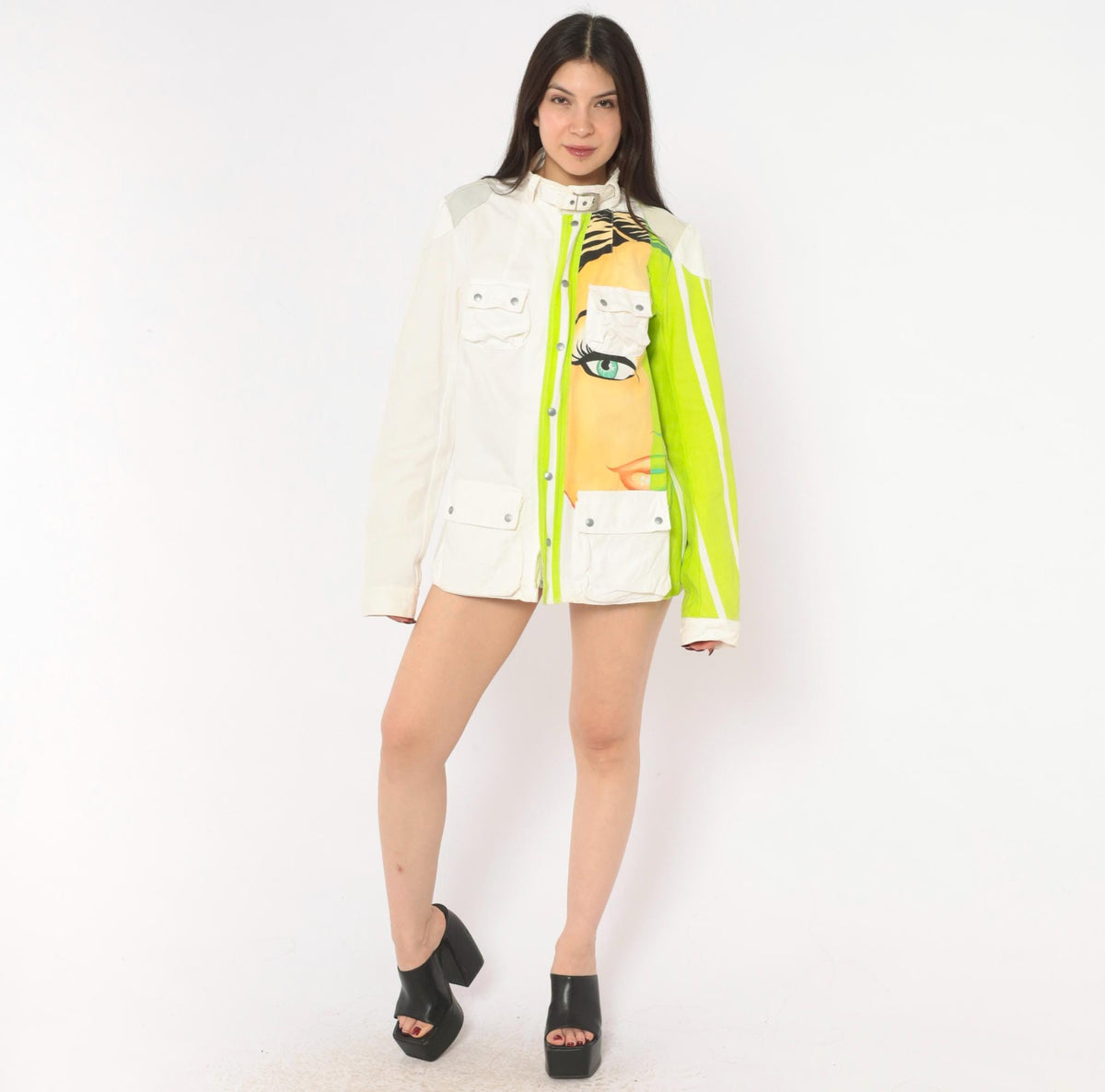 Y2K Custo Barcelona Pop Art Face Jacket White Lime Green Cotton Small S
