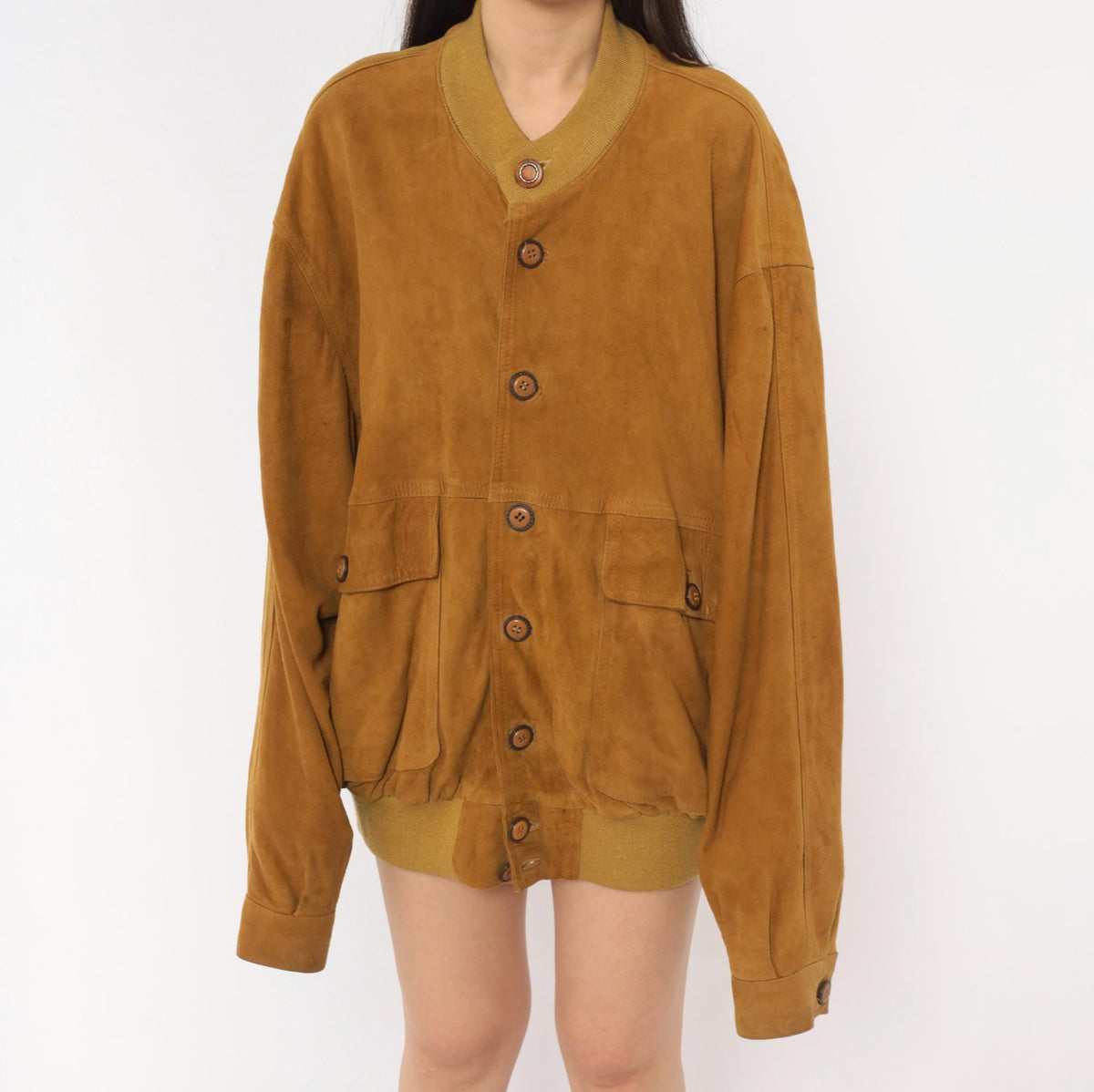 80s Rely Mustard Suede Bomber Jacket Knit Collar Button Front Medium