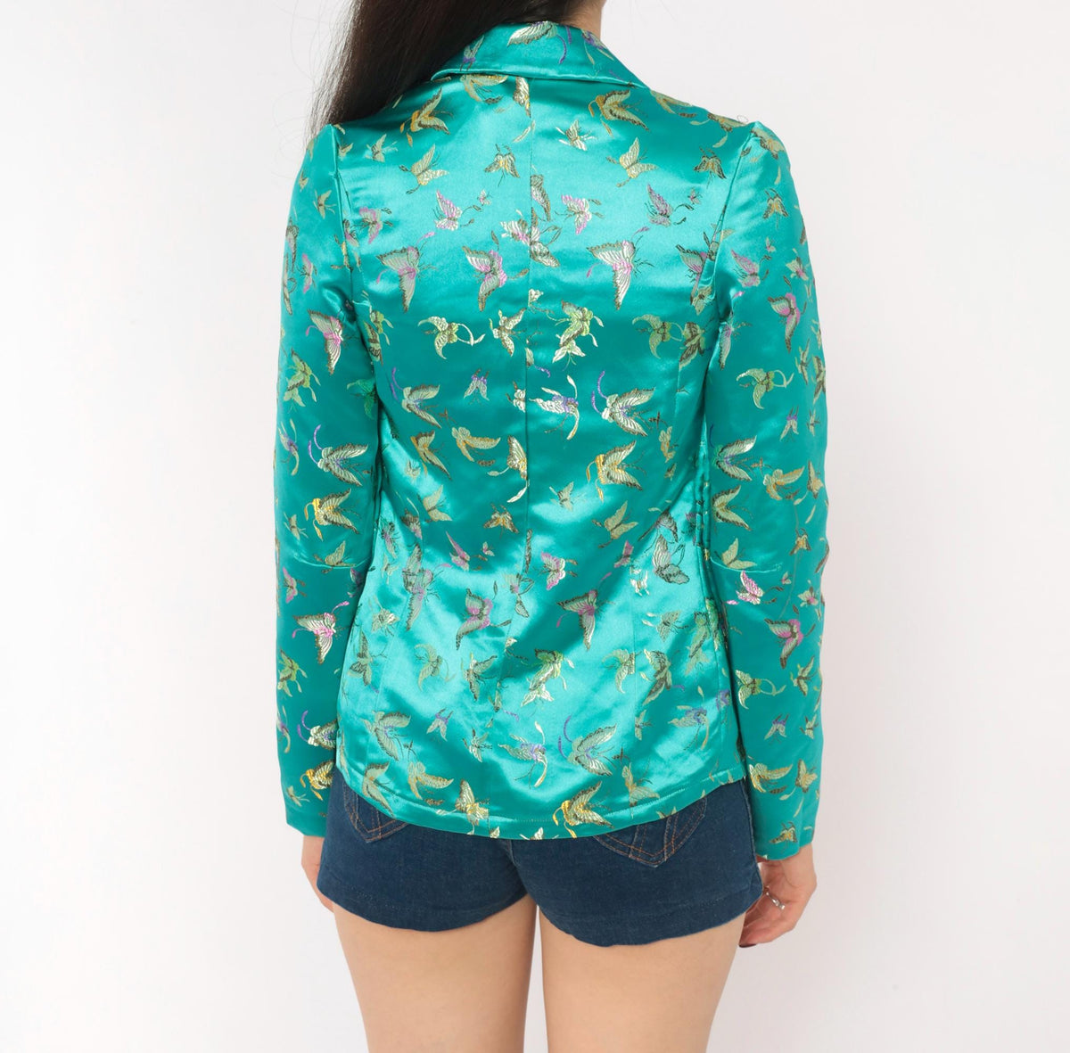 90s Teal Satin Brocade Blazer Butterfly Bird Embroidered XS