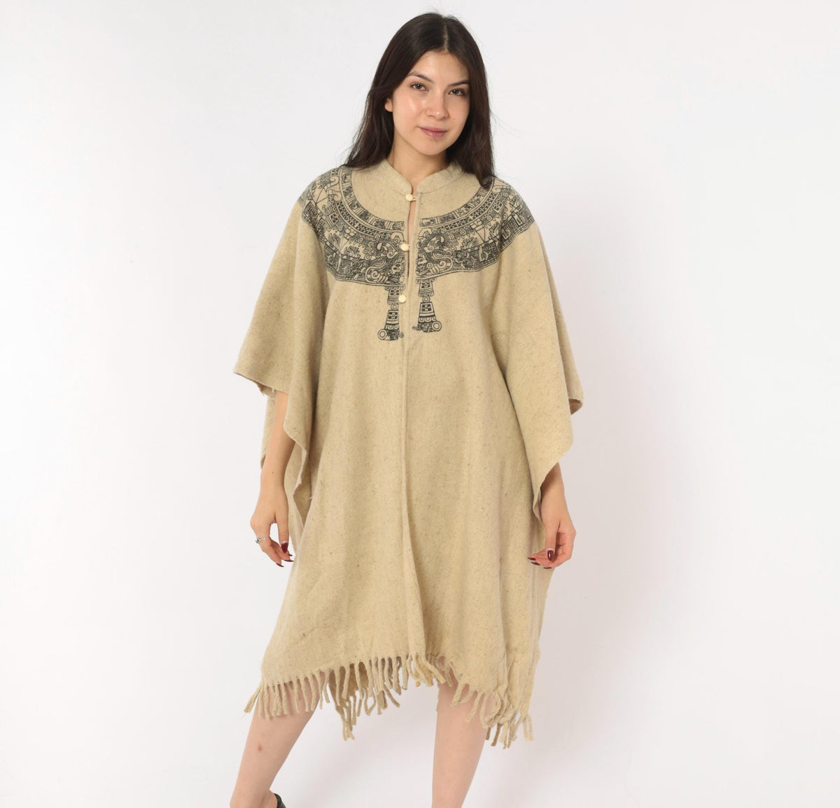 90s Aztec Calendar Wool Blend Poncho Cream Mandarin Collar Fringe Hem