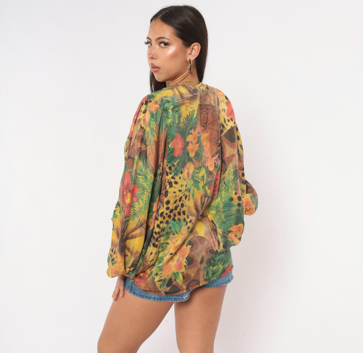 90s Silk Kimono Jacket Tropical Leopard Print Yellow Green Small