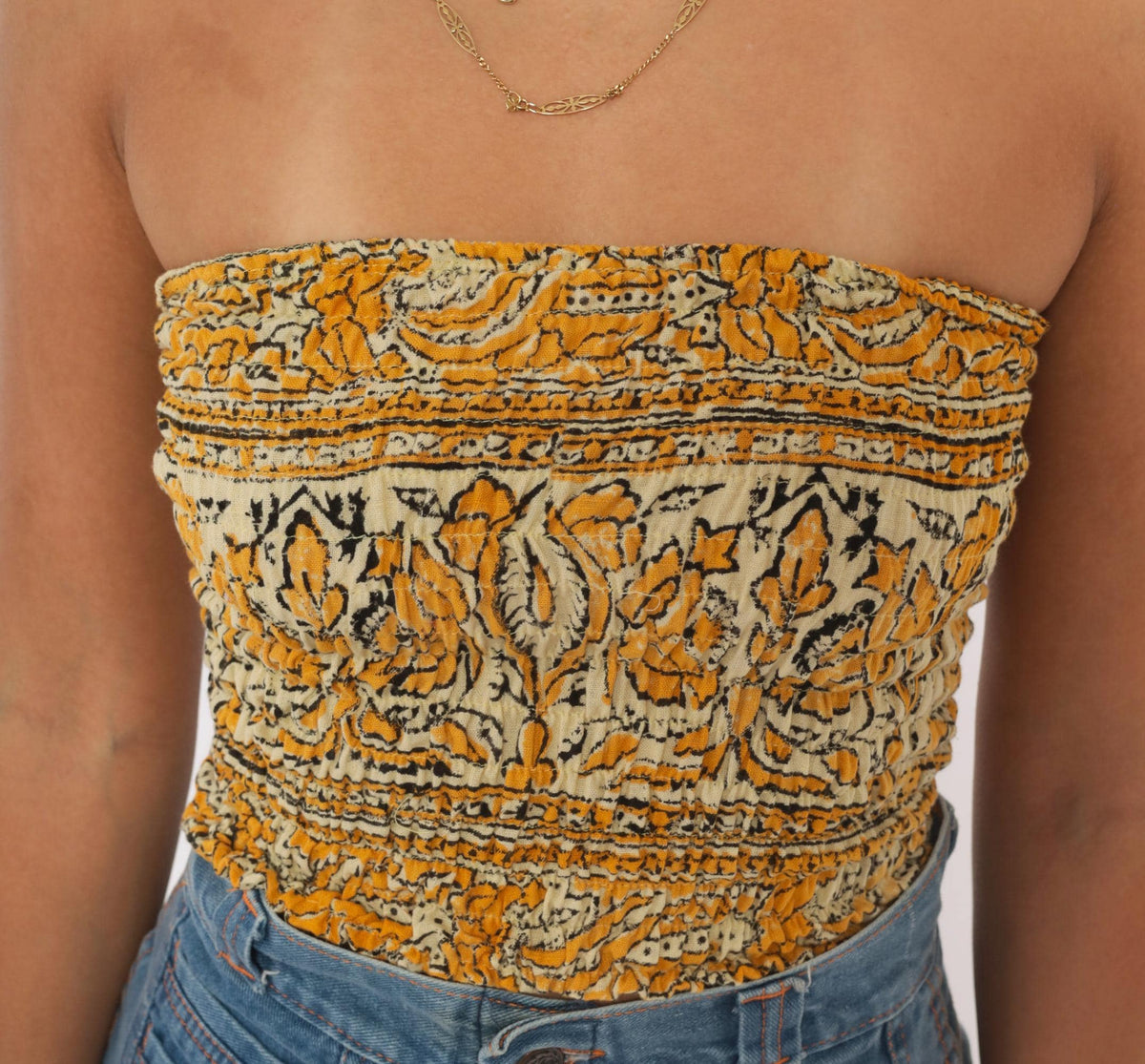 70s Yellow Mustard Block Print Smocked Tube Top Strapless Crop Cotton Extra Small