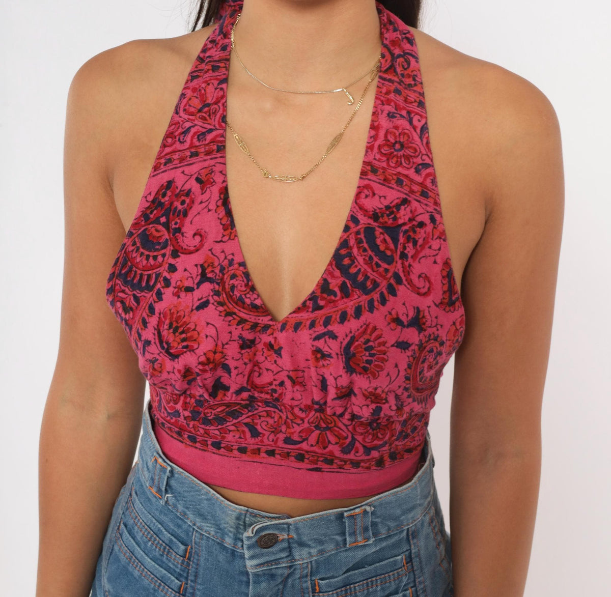 70s Pink Paisley Halter Crop Top Deep V Neck Backless Cotton Small