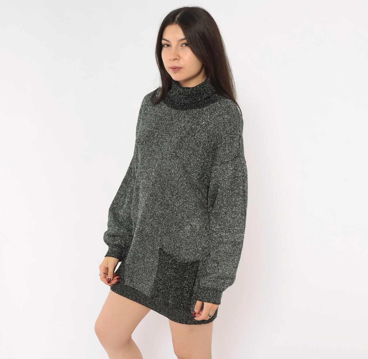 80s Black Silver Lurex Knit Mini Dress Cowl Turtleneck Balloon Sleeve Medium