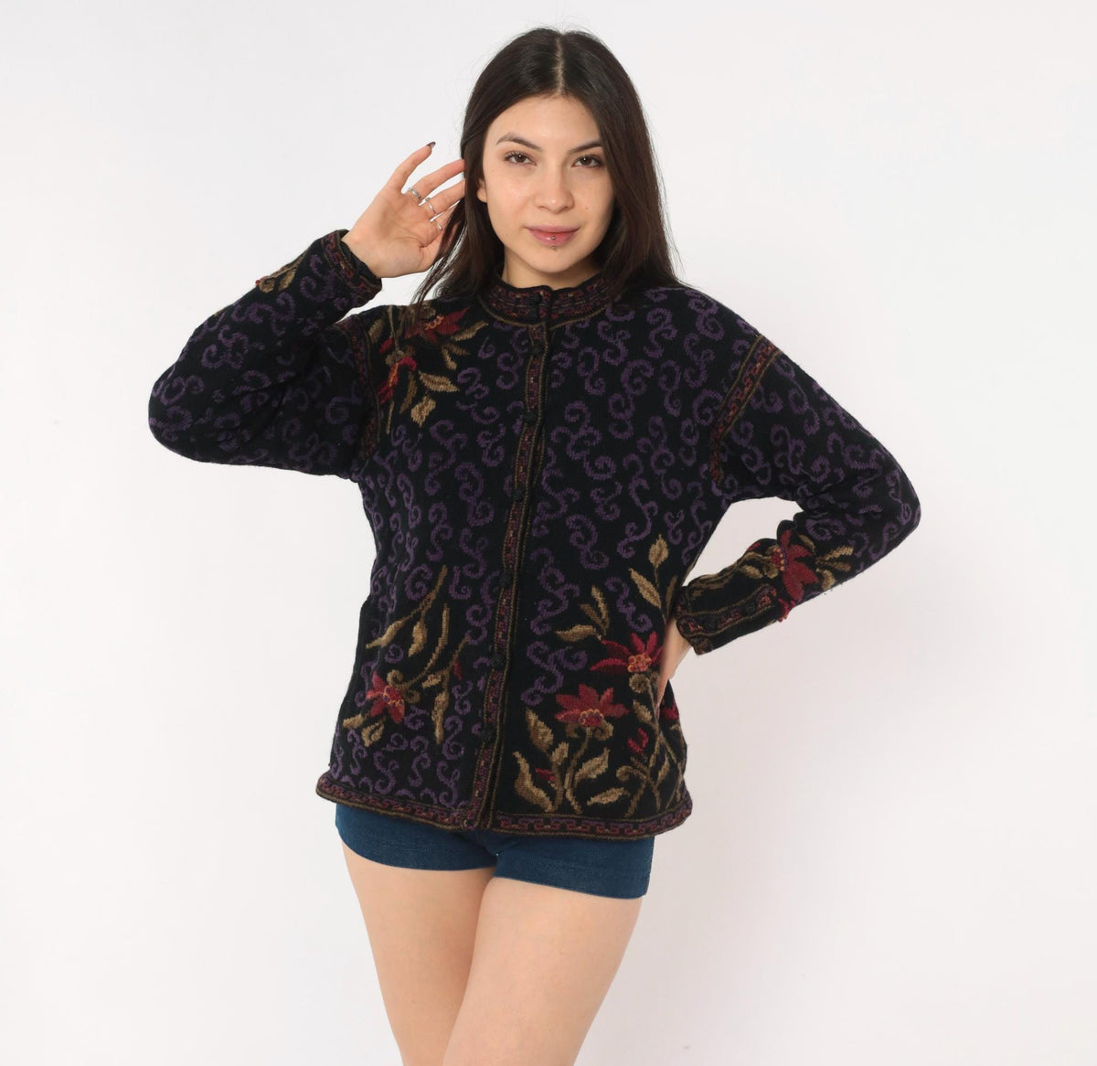 80s Icelandic Design Wool Cardigan Black Purple Floral Jacquard Small