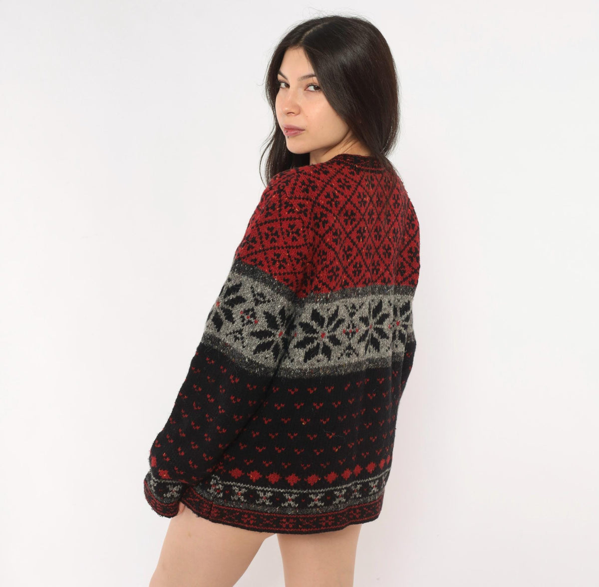 90s Croft & Barrow Nordic Cardigan Wool Blend Fair Isle Snowflake Black Grey Medium M