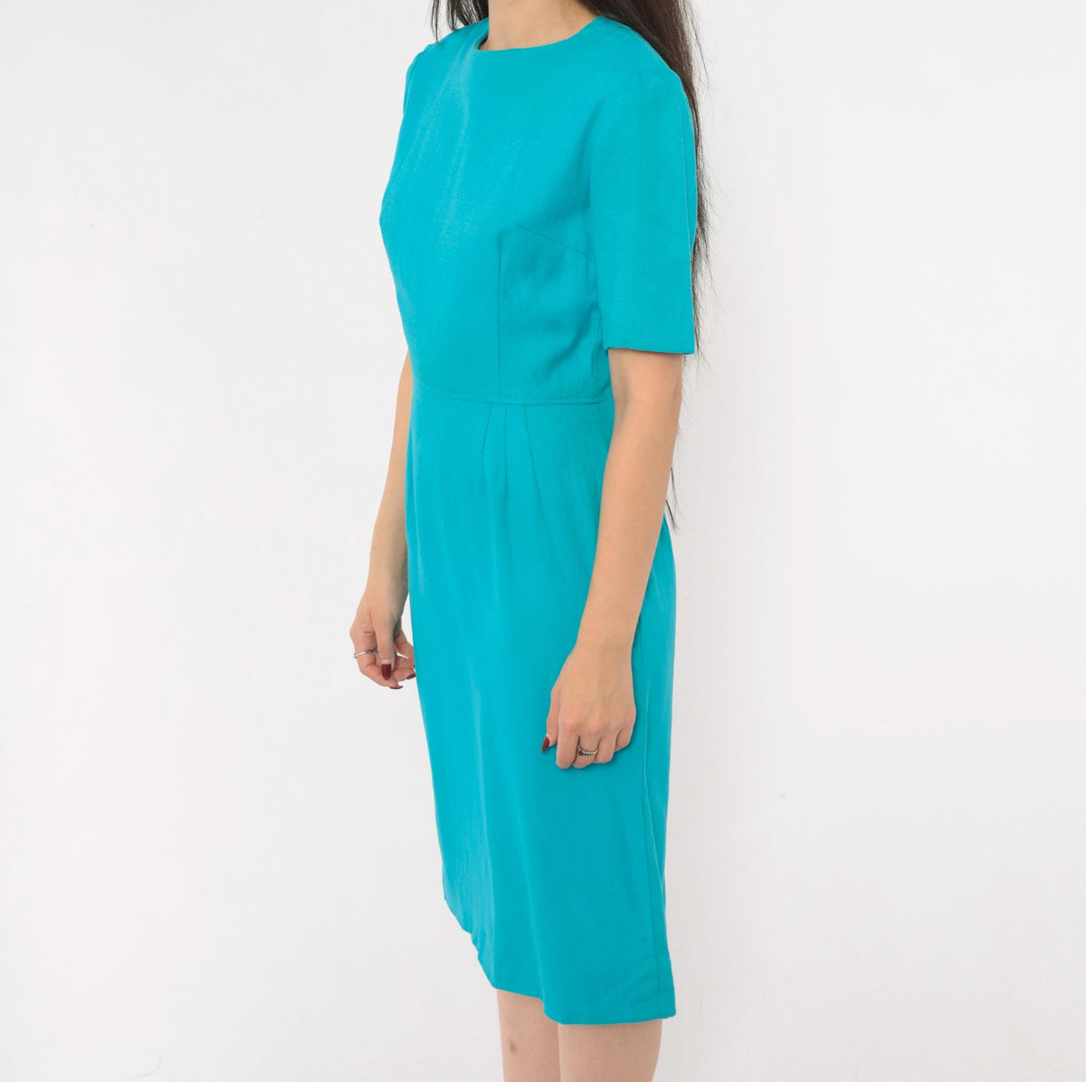60s Teal Sheath Dress Puff Sleeve Back Zipper Knee Length Extra Small