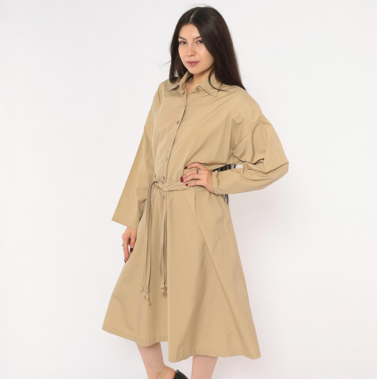 80s Tan Shirt Dress Braided Belt Pointed Collar A-Line Knee Length Large