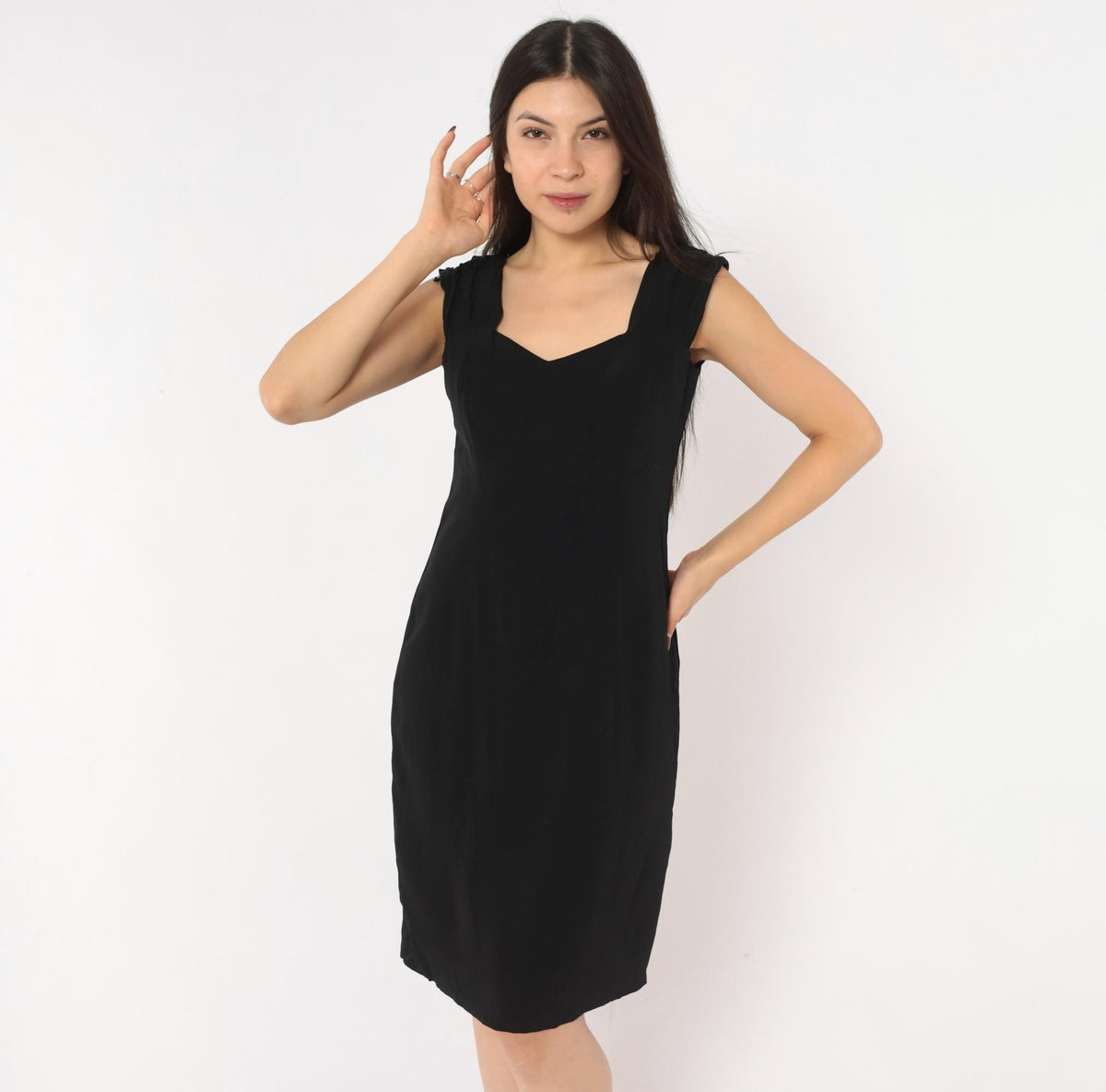 90s Maggy London Black Sweetheart Neckline Dress Cap Sleeve Small