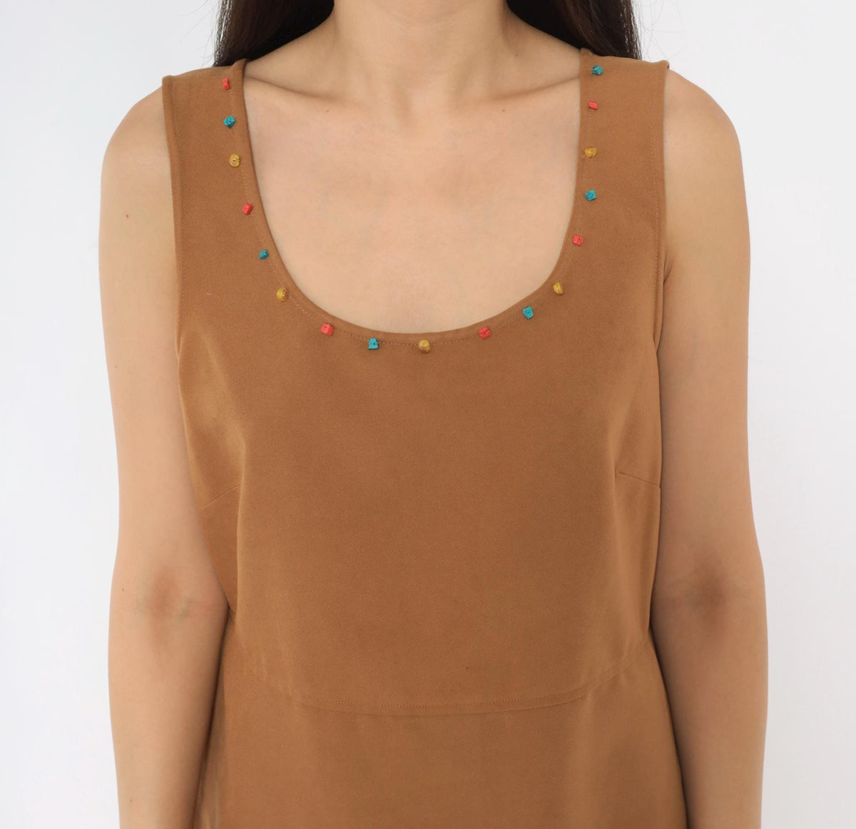 Jessica Howard 2000s Tan Faux Suede Maxi Dress Beaded Scoop Neck Fringe Medium M