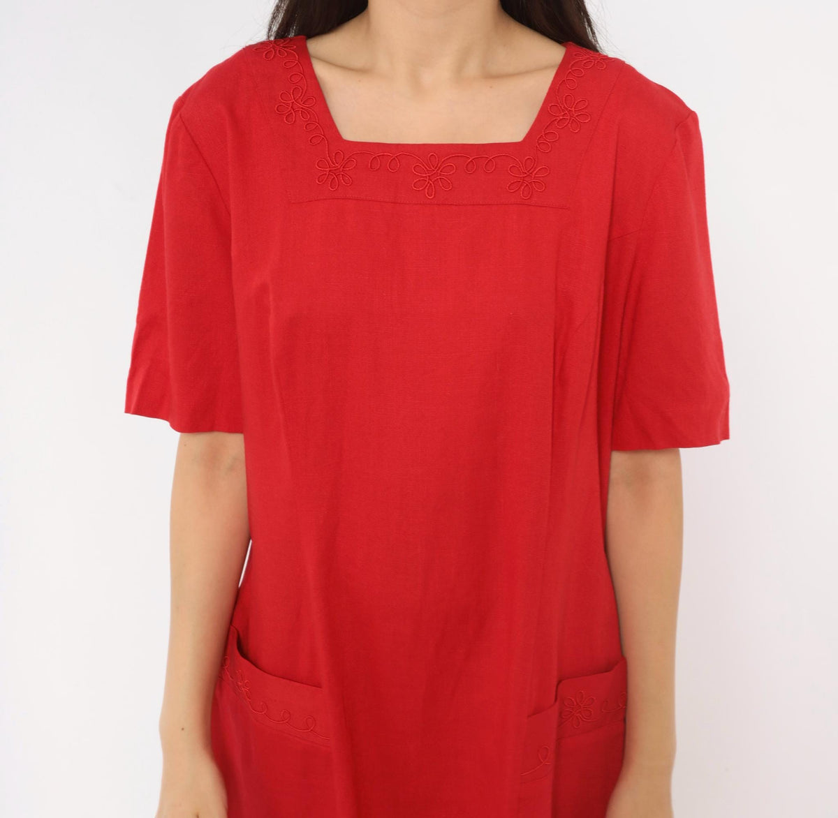 80s Lanz Originals Red Shift Dress Square Neck Soutache Embroidery Large L