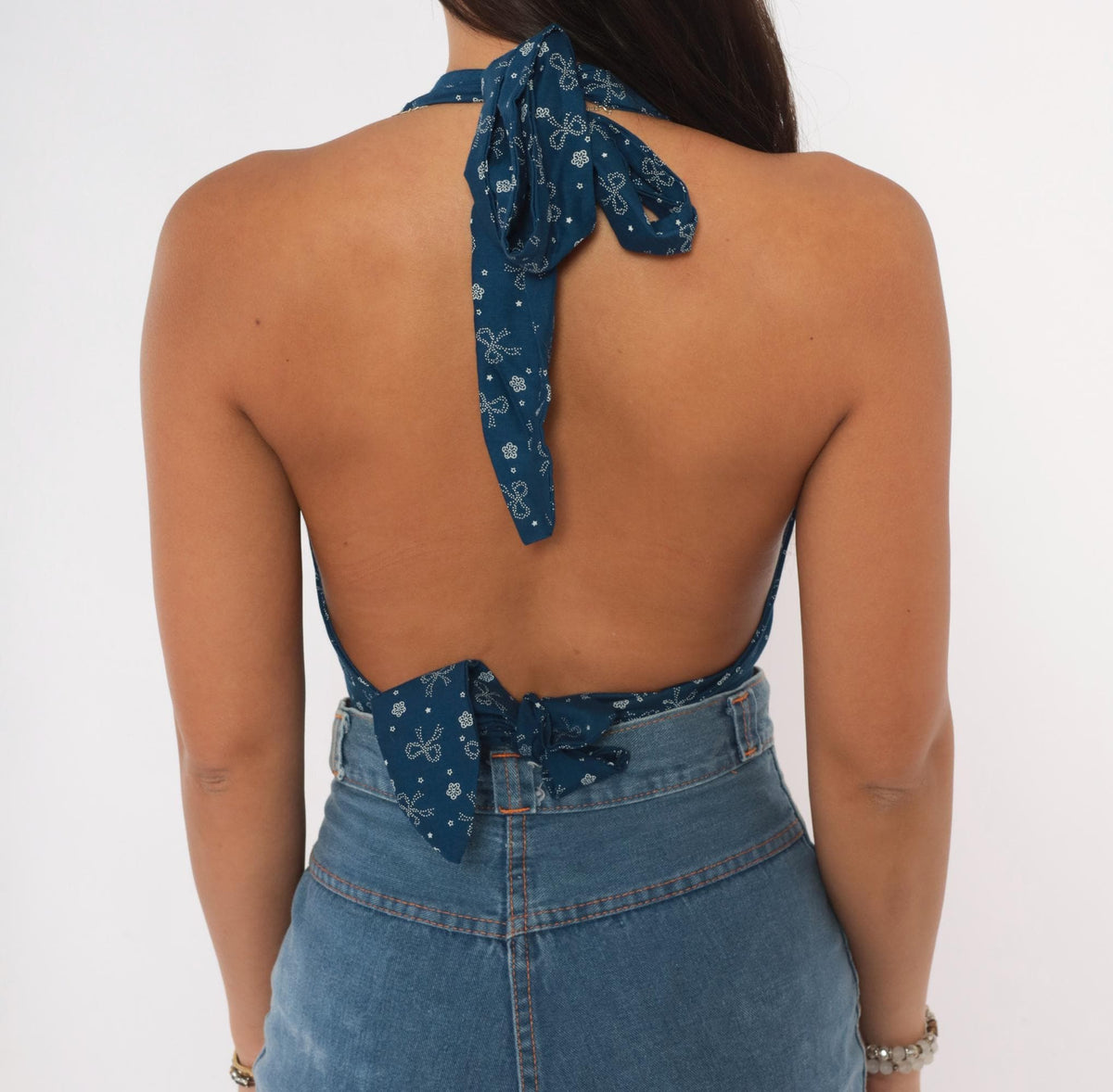 70s Navy Halter Crop Top White Bow Floral Star Print Deep V Backless Small