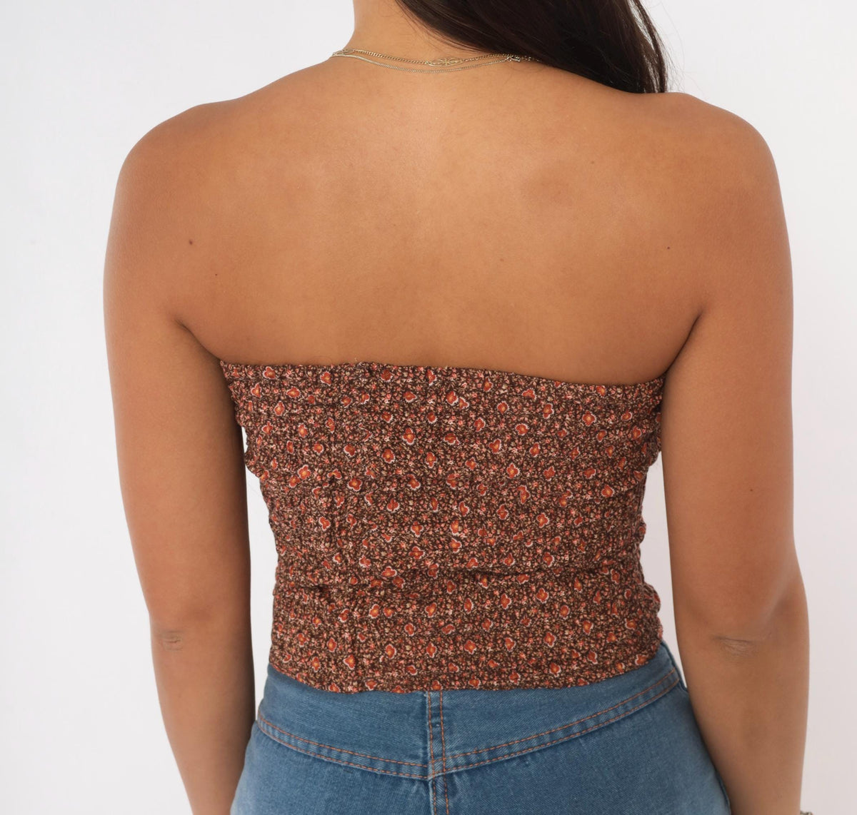 70s Brown Floral Tube Top Shirred Strapless Crop Ditsy Print Small