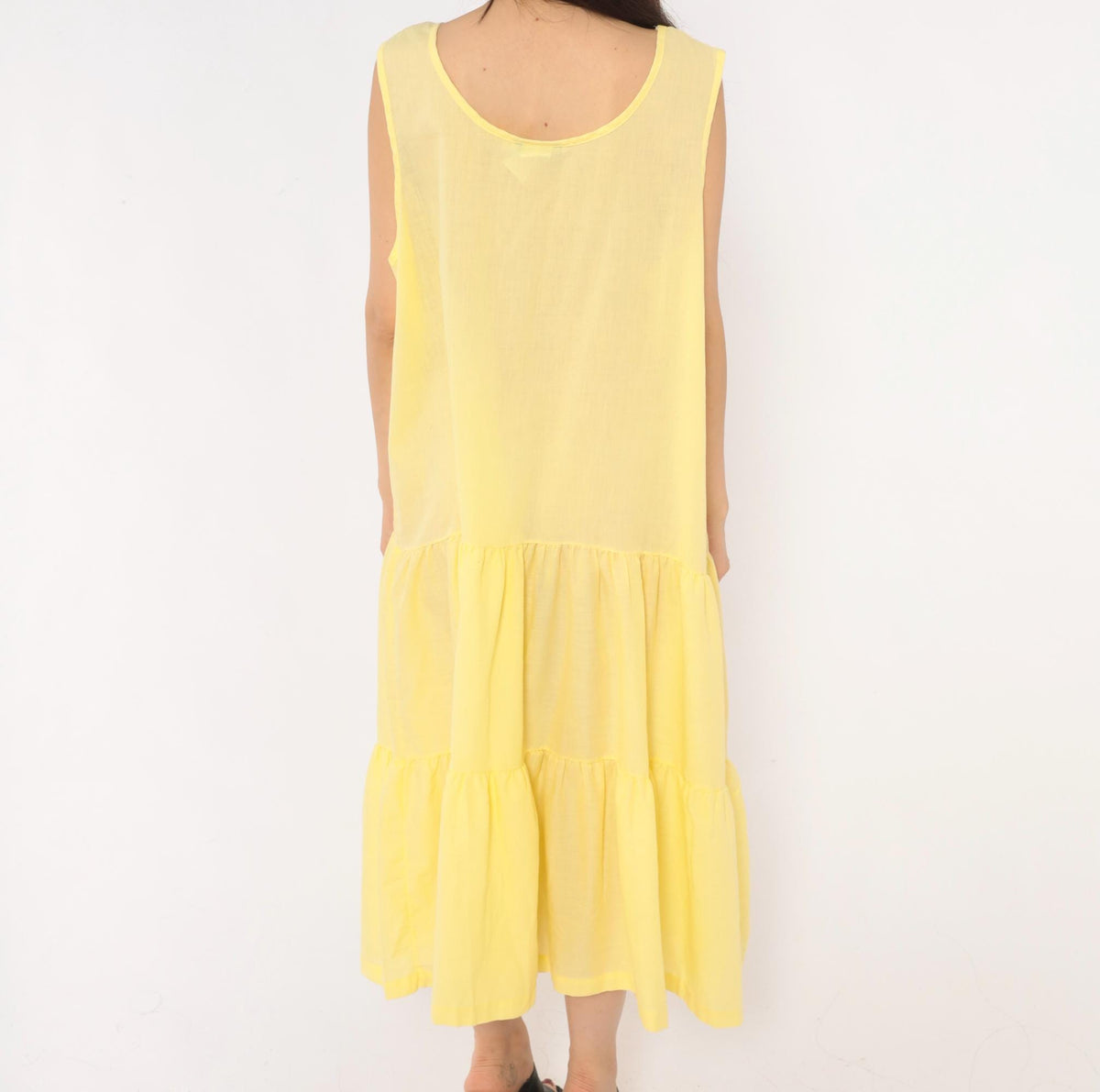 90s Butter Yellow Tiered Midi Sundress Anne Leslie Plus Scoop Neck XXL