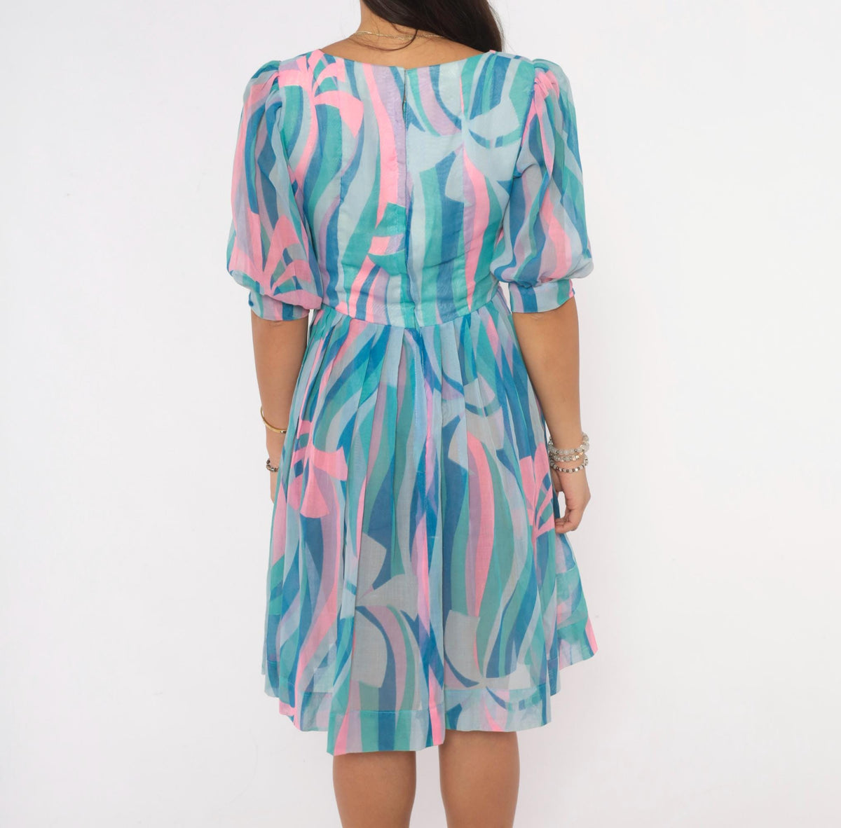 60s Mod Abstract Swirl Print Dress Teal Pink Puff Sleeve V Neck Small