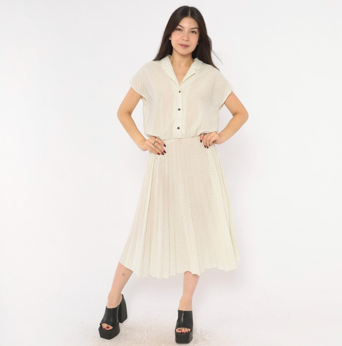 70s Promises Promises Polka Dot Dress Cream Navy Cap Sleeve Knee Length Small