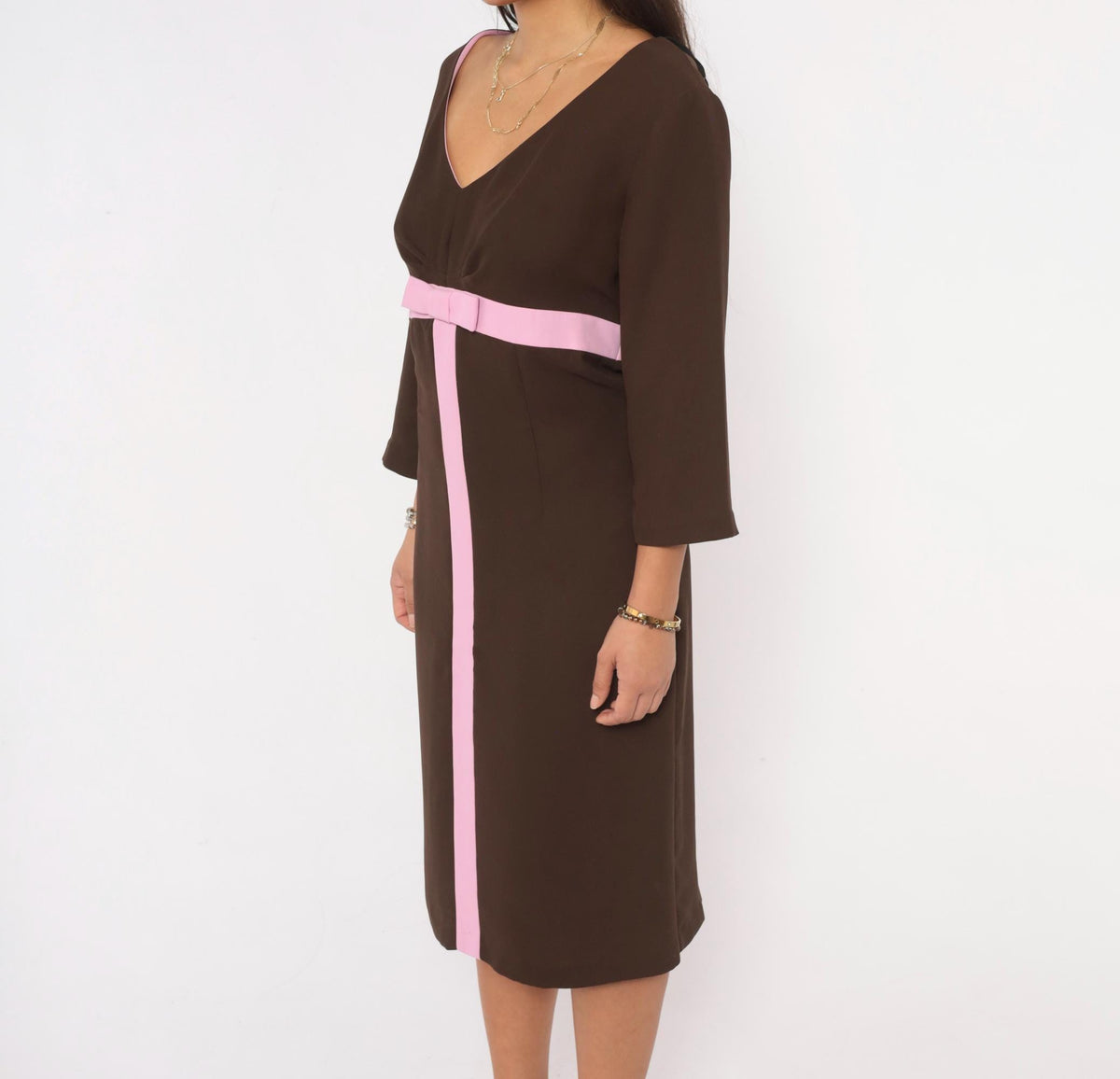 Y2K Robbie Bee Brown Midi Dress Pink Bow Belt V-Neck Empire Waist Large L