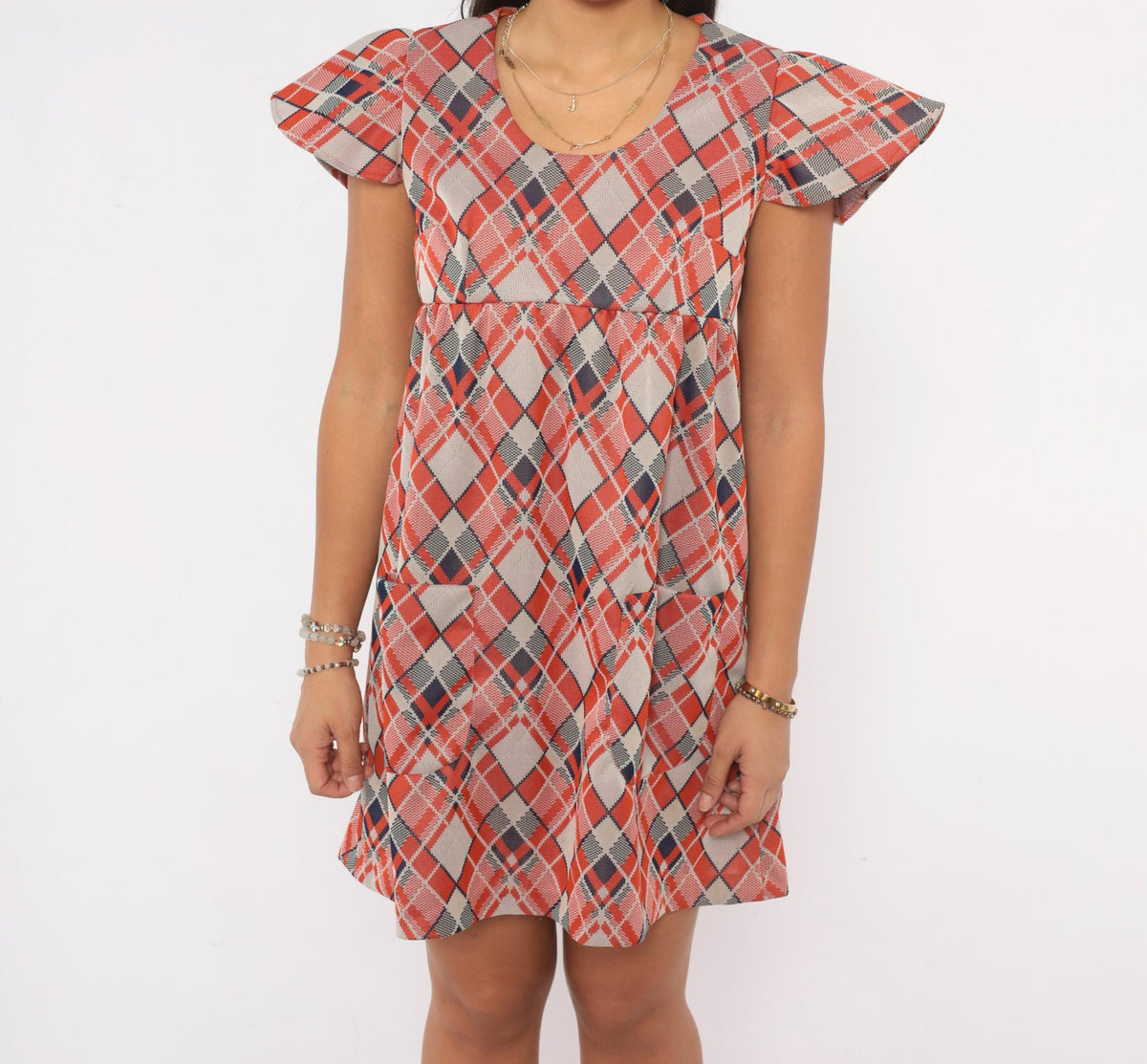 70s Argyle Plaid Mini Dress Orange Navy Cream Flutter Sleeve Empire Waist Extra Small XS