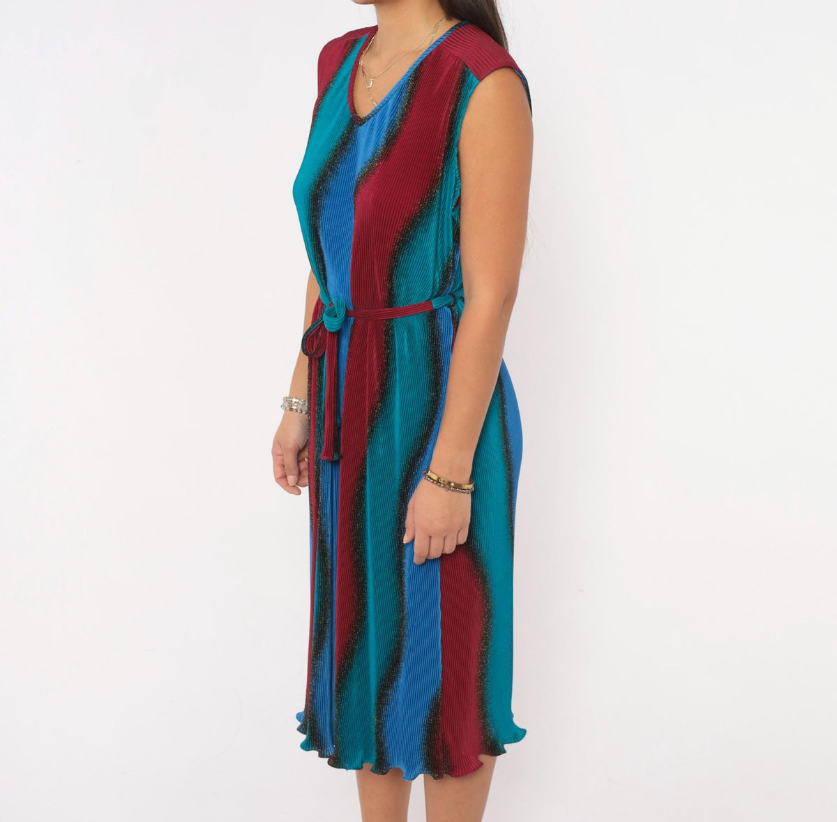 90s Plisse Pleated Ombre Dress Cobalt Blue Burgundy Sleeveless Large