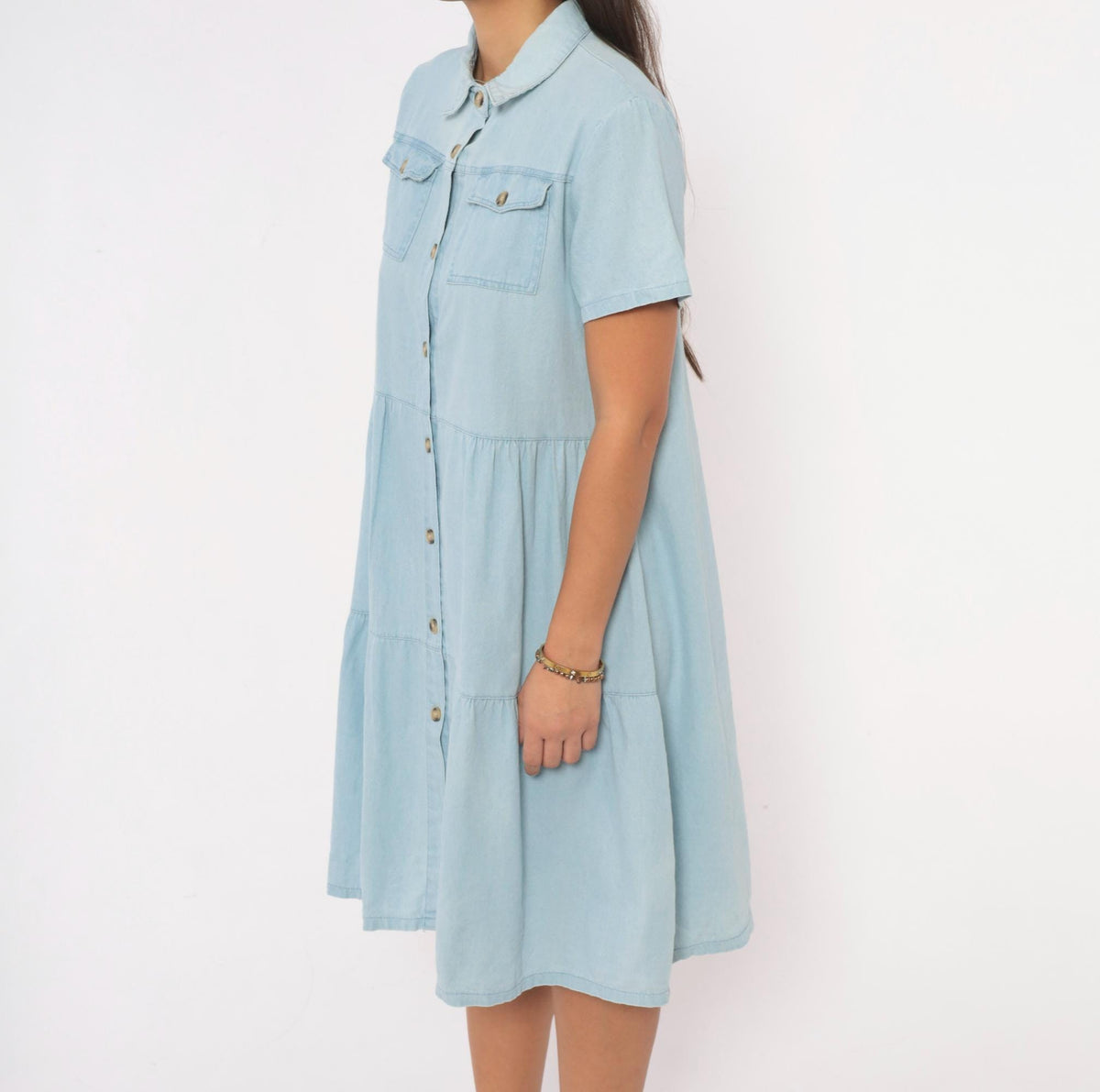 90s Light Blue Chambray Denim Shirt Dress Tiered Knee-Length Cotton Small S