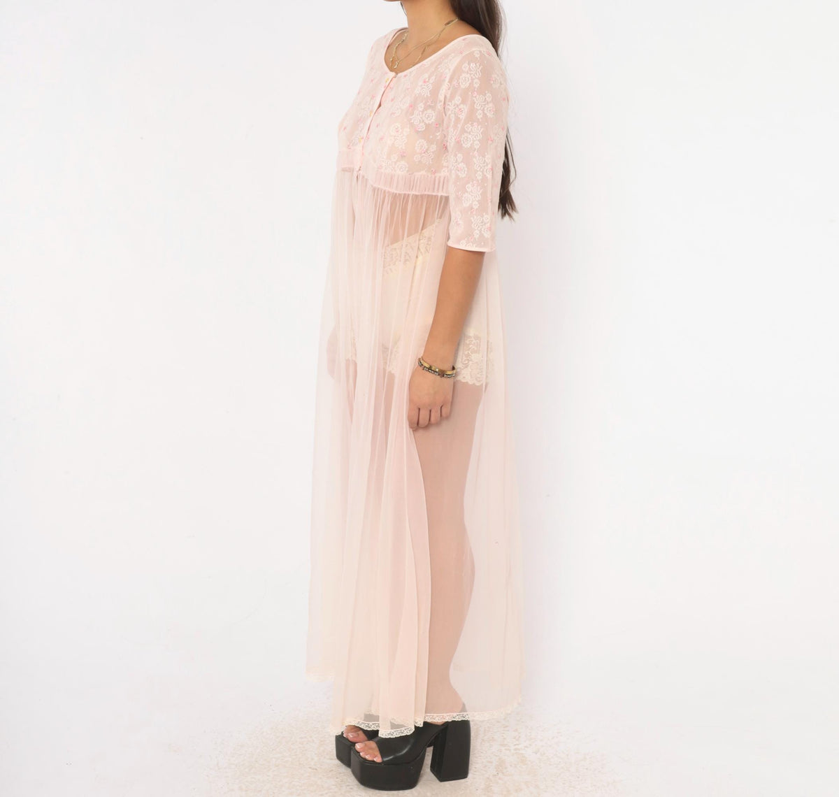 70s Miss Elaine Pink Sheer Peignoir Maxi Robe Lace Embroidered Extra Small