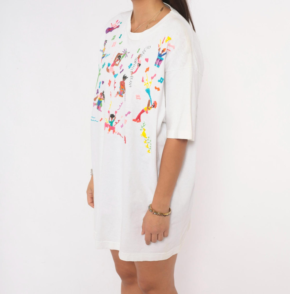 90s Swan Swan & Design Embroidered Tee White Cotton Musicians Palm Tree Large L
