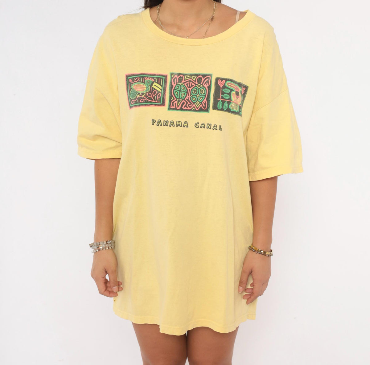 90s Panama Canal Souvenir Tee Yellow Cotton Toucan Turtle Bird Graphic Extra Large