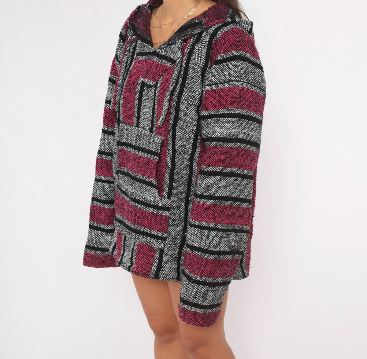 90s Baja Hoodie Pink Black Grey Striped Woven Pullover Large L