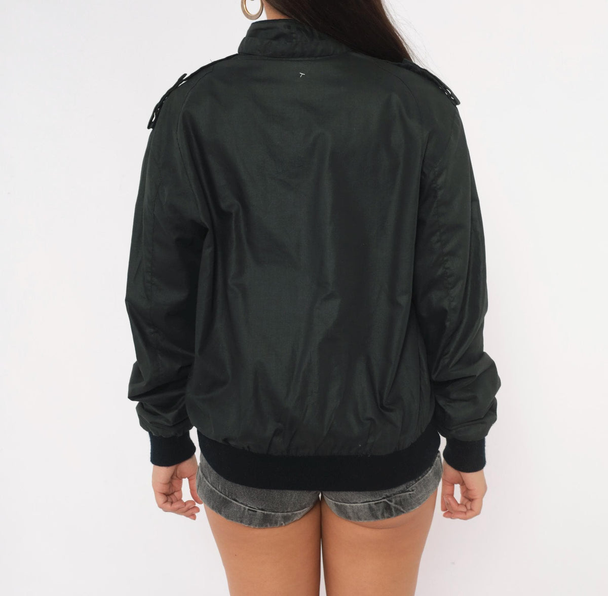 80s Bog Black Bomber Jacket Cotton Epaulette Stand Collar Small
