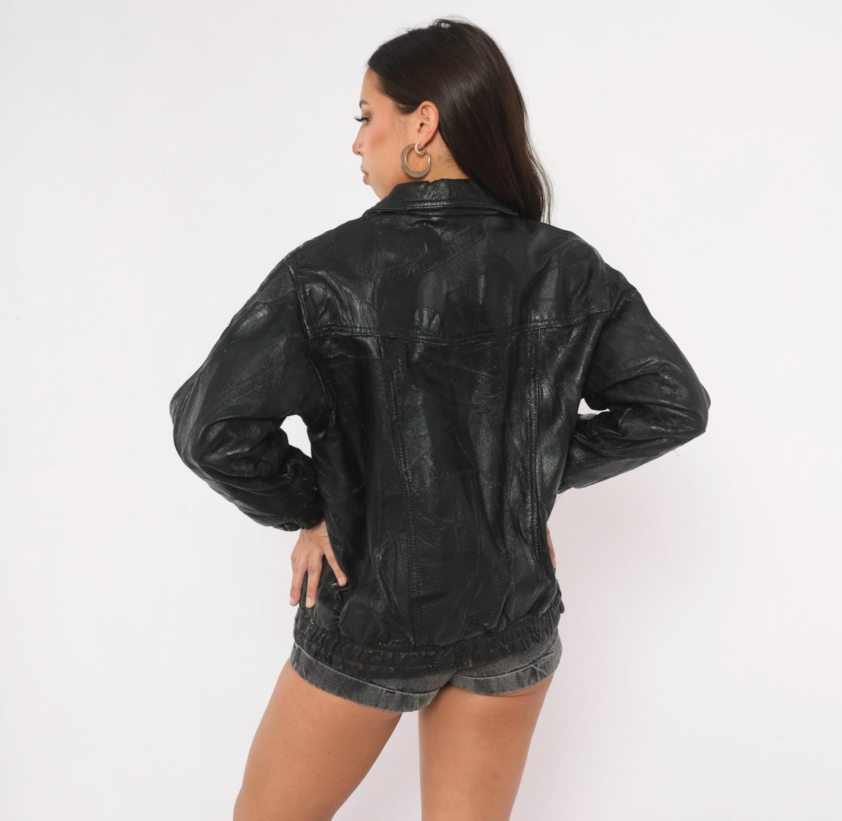 90s Italian Stone Design Black Leather Patchwork Bomber Jacket Small S