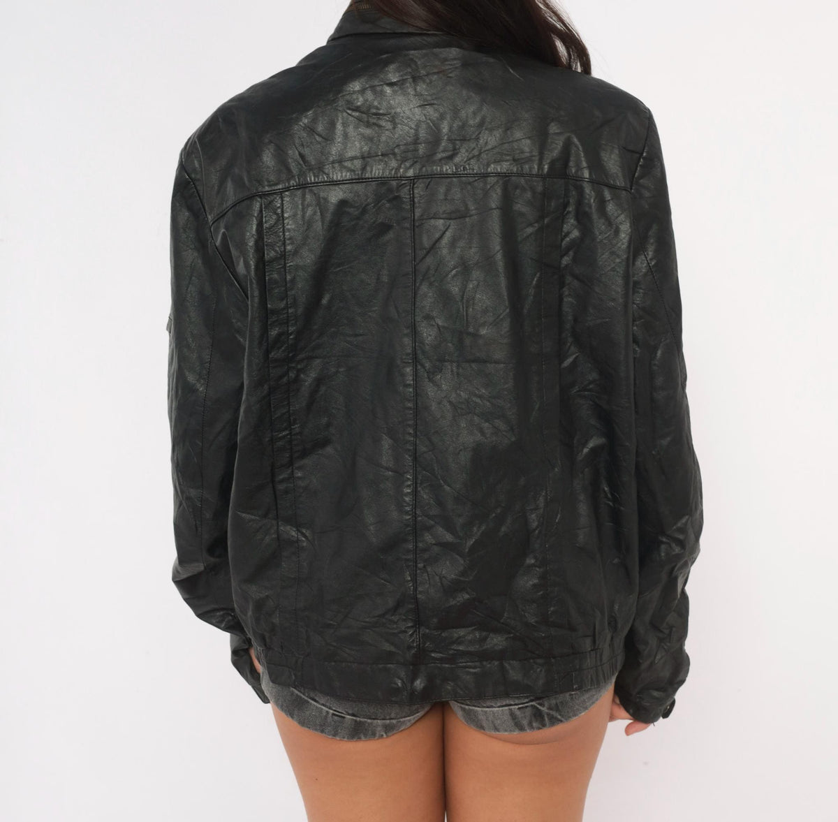 90s Black Leather Bomber Jacket Golden Collection Raffaelo Moto Boxy Medium