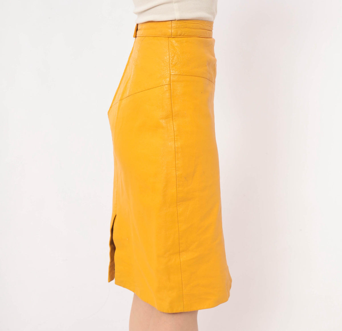90s Forenza Mustard Yellow Leather Pencil Skirt High Waist Knee Length Extra Small XS