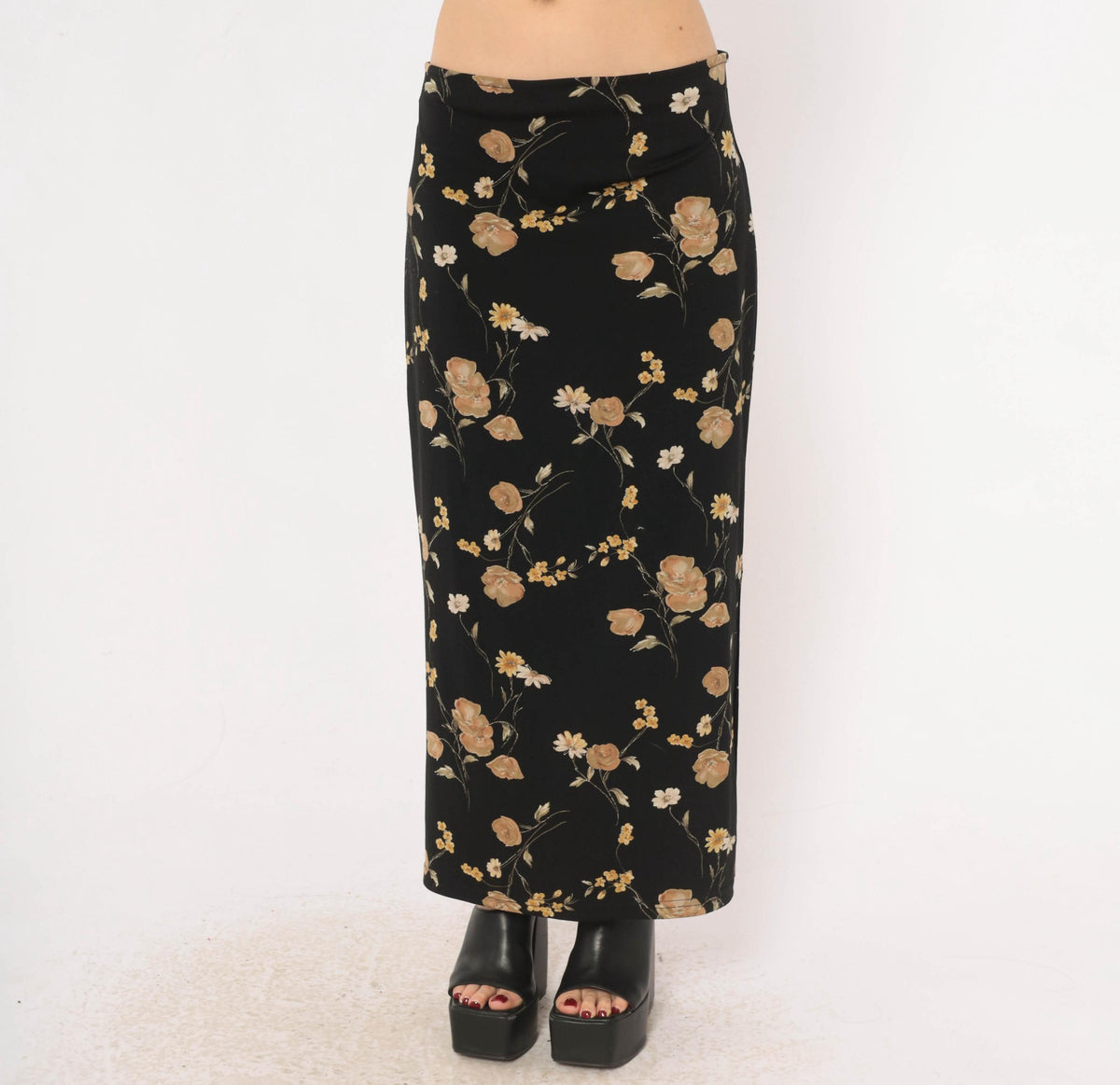 90s Black Floral Skirt Ankle Length Straight Daisy Rose Print Large L