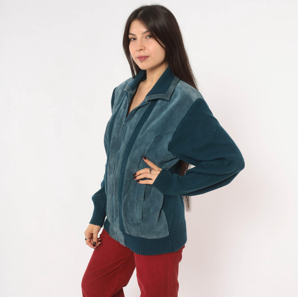 80s Mervyn's Navy Blue Suede Leather Cardigan Knit Zip Jacket Large