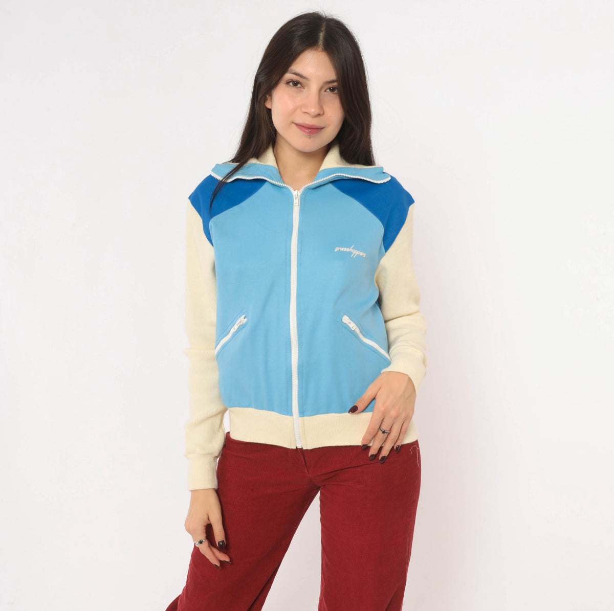 80s Grasshoppers Color Block Track Jacket Light Blue Cream Knit Small