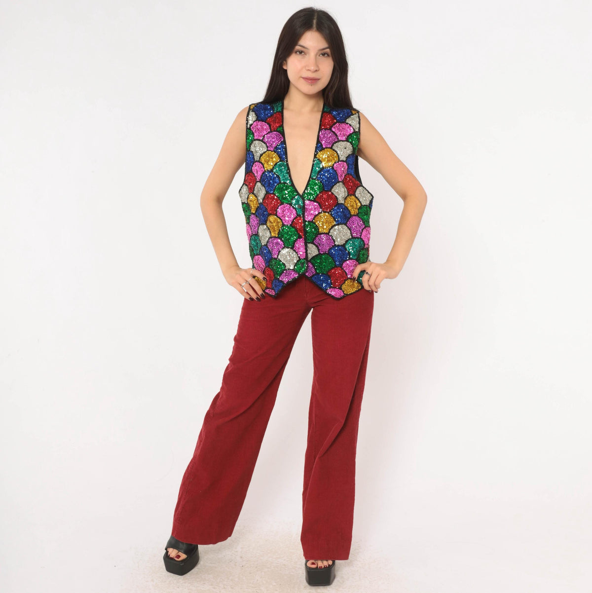 90s Ana Mori Rainbow Sequin Vest Multicolor Mosaic Scale V-Neck Large L