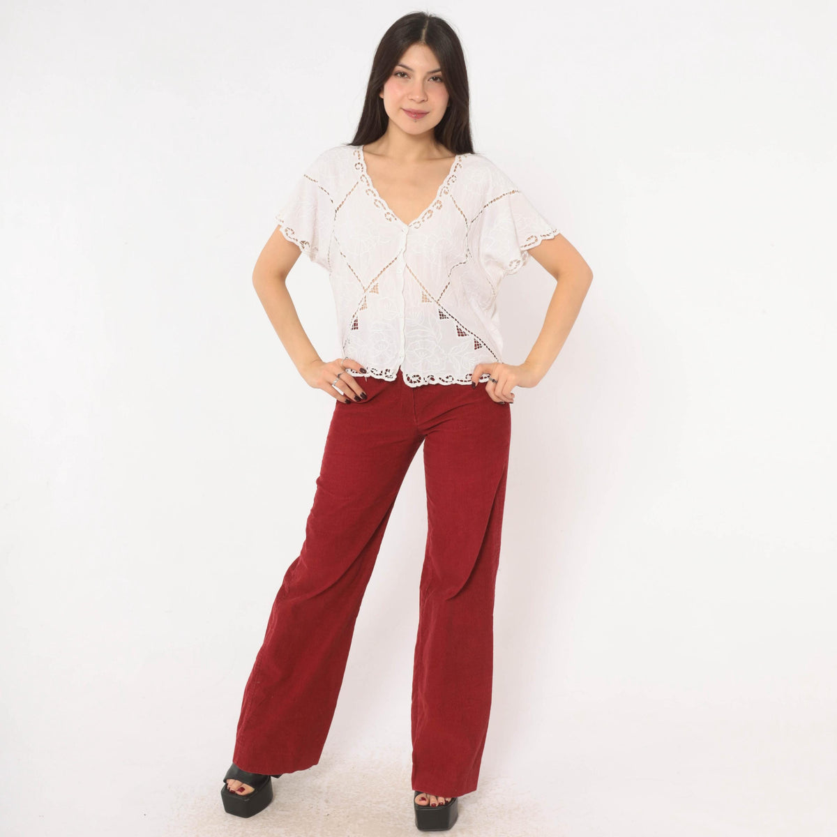 90s Hibis White Cutwork Eyelet Blouse Embroidered Floral Flutter Sleeve Large