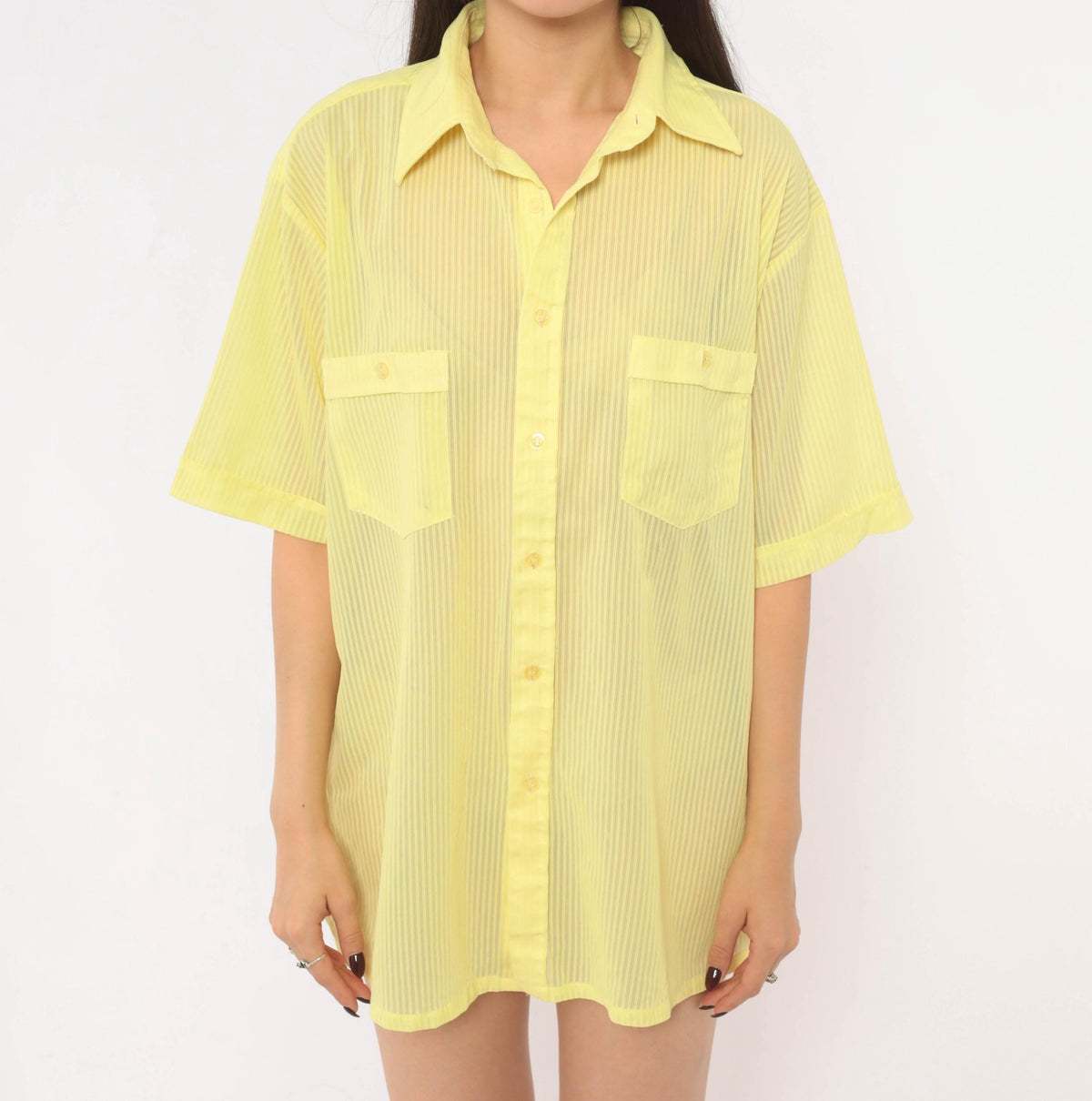 70s Jean Phillipe Yellow Striped Button-Up Shirt Pointed Collar Sheer Large