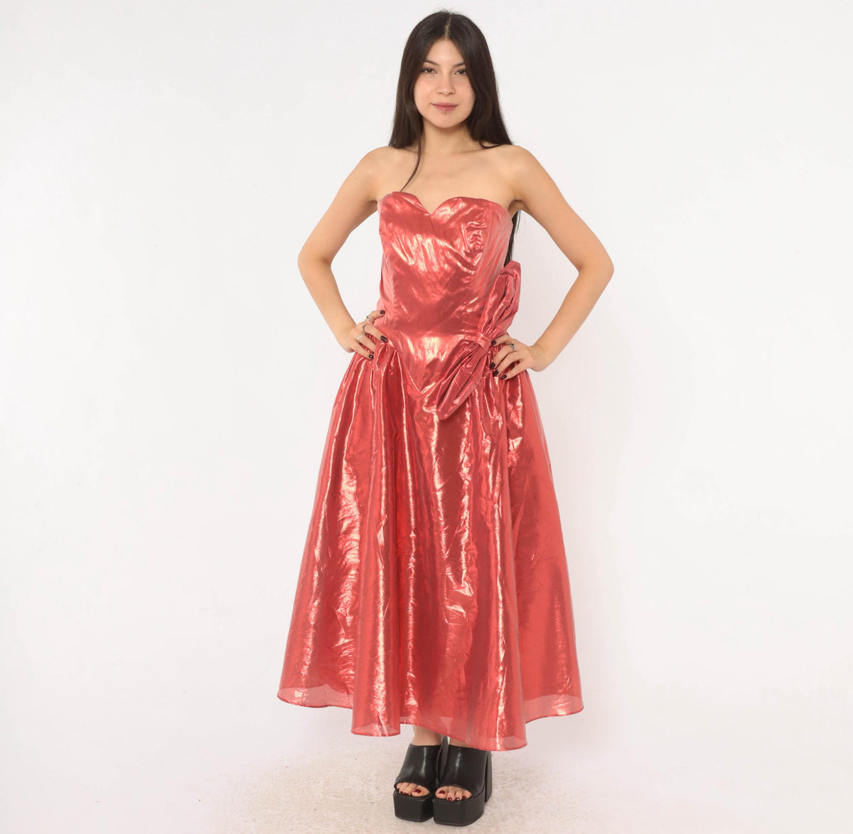 80s Nadine Formals Metallic Red Strapless Party Dress Sweetheart Neckline Medium M
