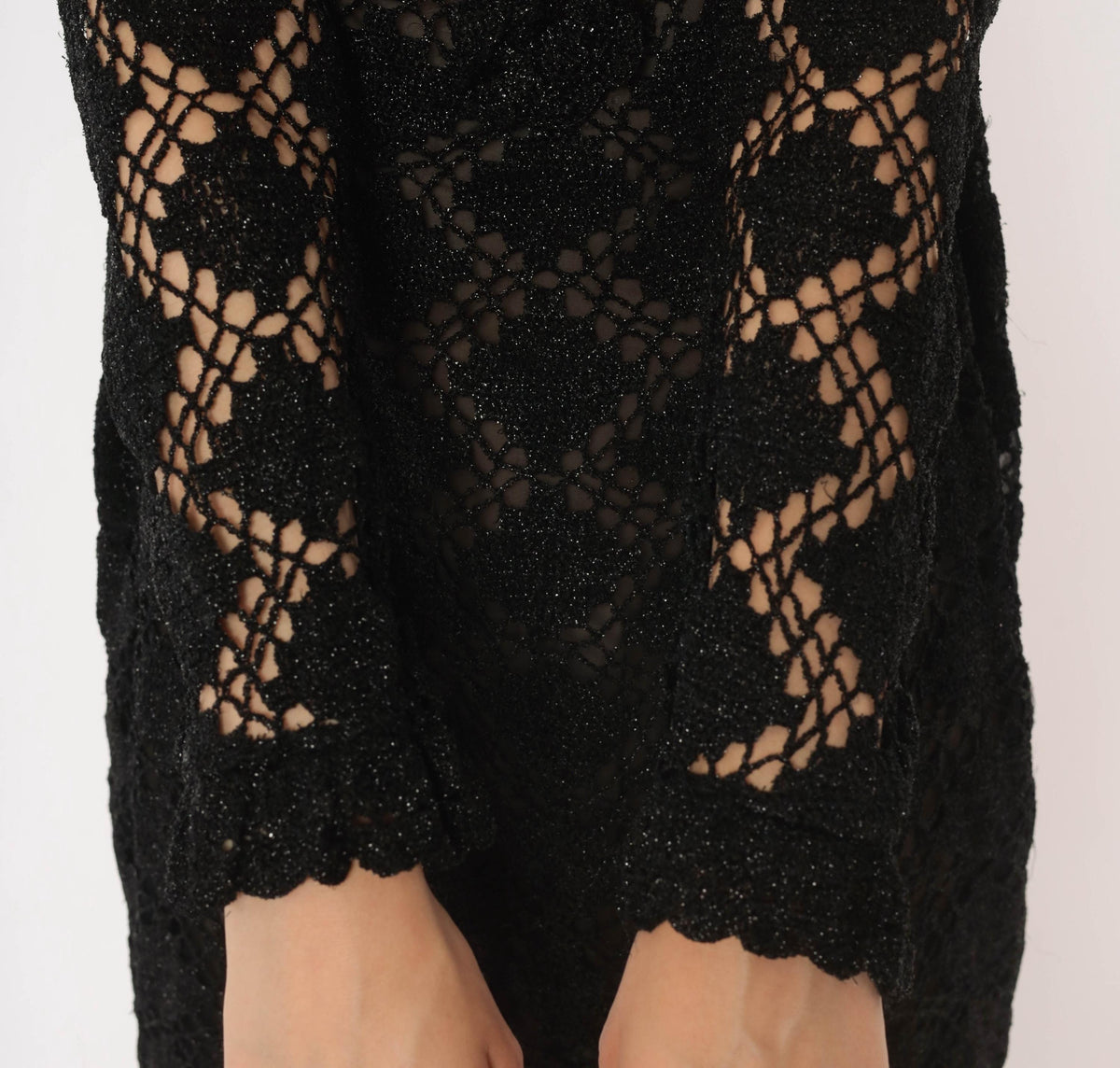 70s Black Crochet Lace Dress Metallic Sparkle Long Sleeve Knee-Length Small