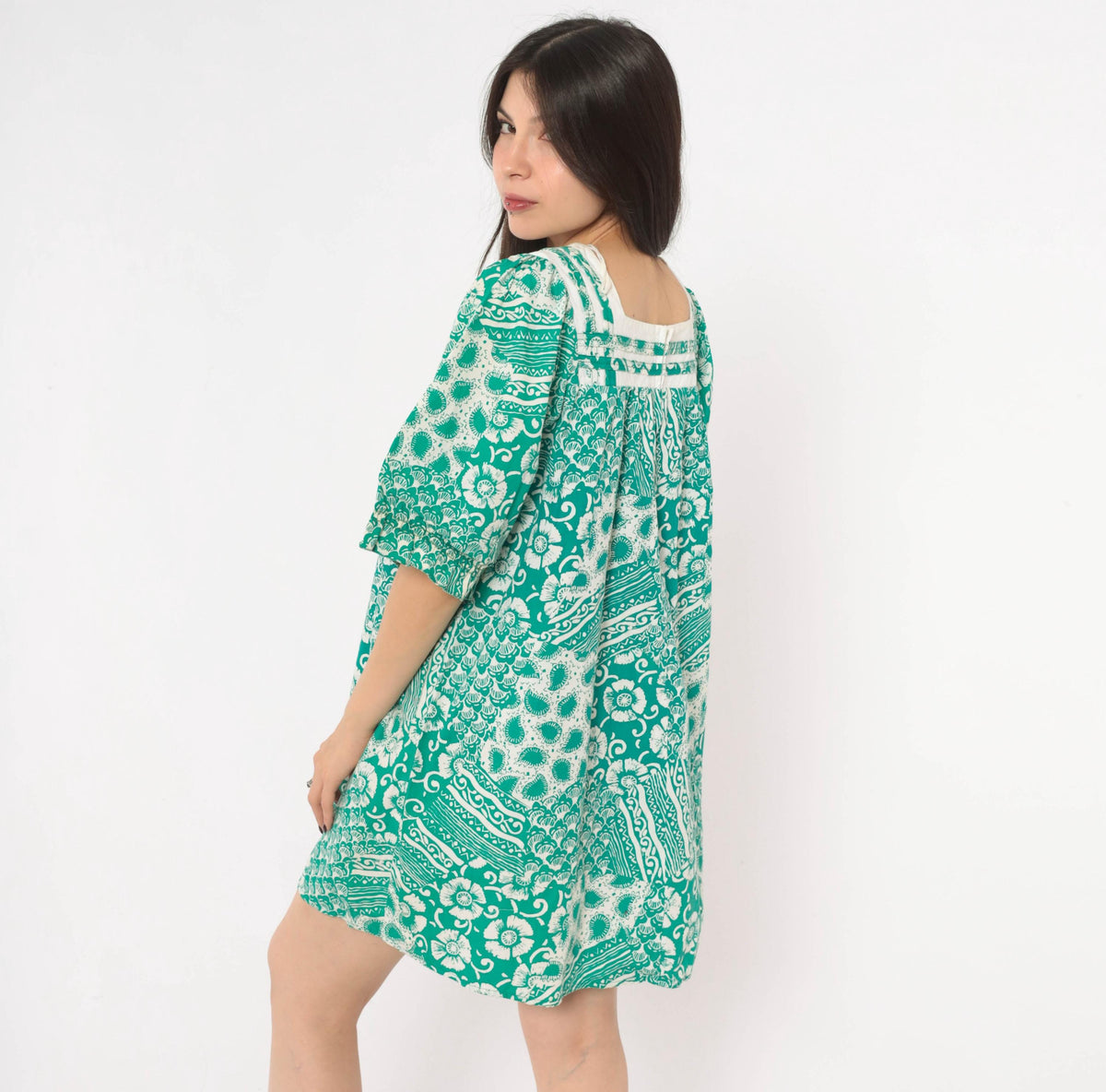 90s Expressions Teal Batik Floral Cotton Dress Square Neck Puff Sleeve Medium M